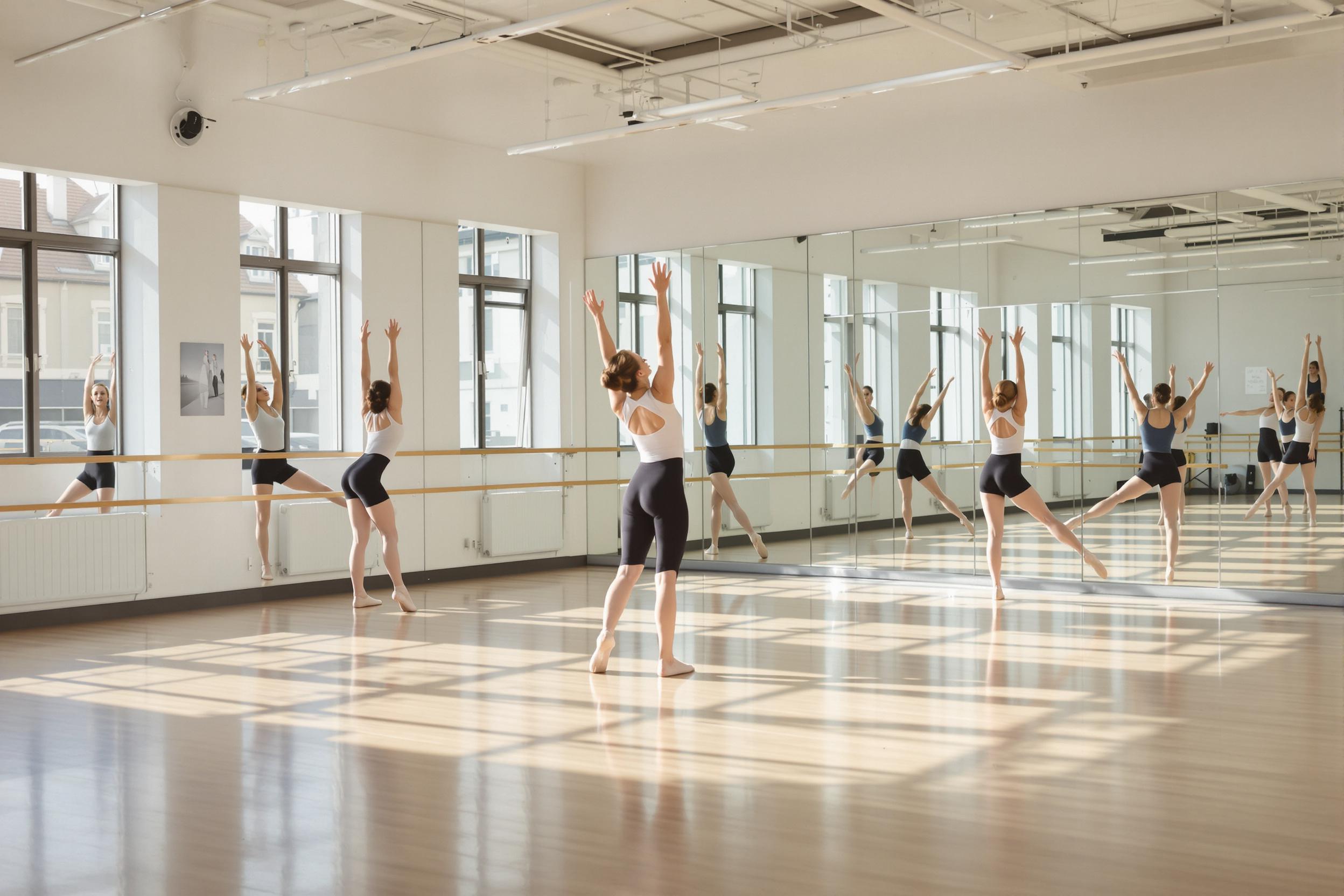 A bright ballet studio filled with soft midday light showcases several graceful dancers rehearsing. Their elegant forms stretch across the polished wooden floor, reflected perfectly in large mirrors. Various poses depict strength and poise, while subtle motion blur captures the fluidity of their movements. The atmosphere is serene, accentuated by light filtering through high windows.