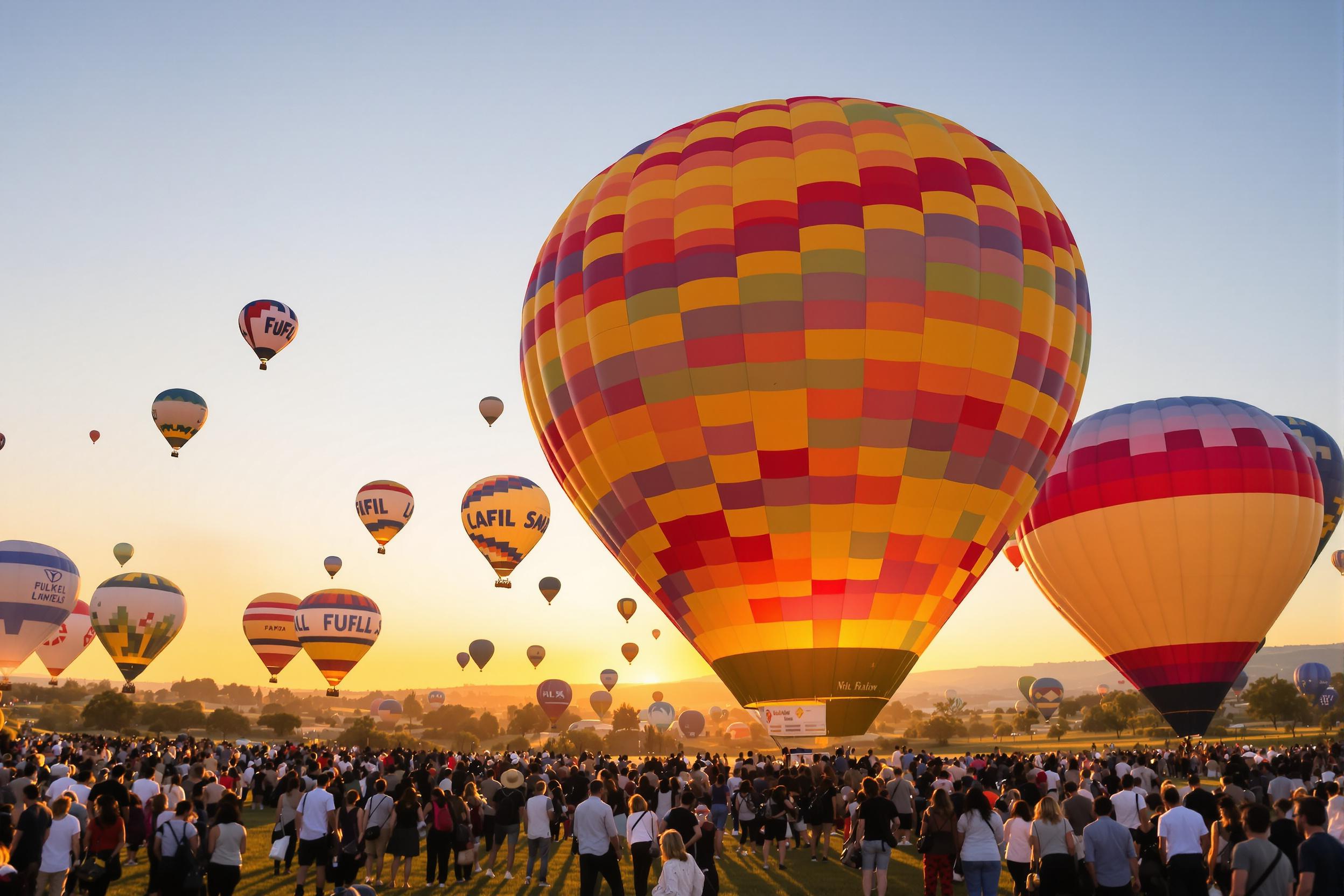 A stunning balloon festival springs to life at sunrise as vibrant hot air balloons ascend gracefully into the clear sky. The horizon glows with warm oranges and yellows, casting a magical light over eager attendees gathered below, capturing the moment on cameras. Each balloon showcases unique patterns and colors, painting the sky with joy and wonder.