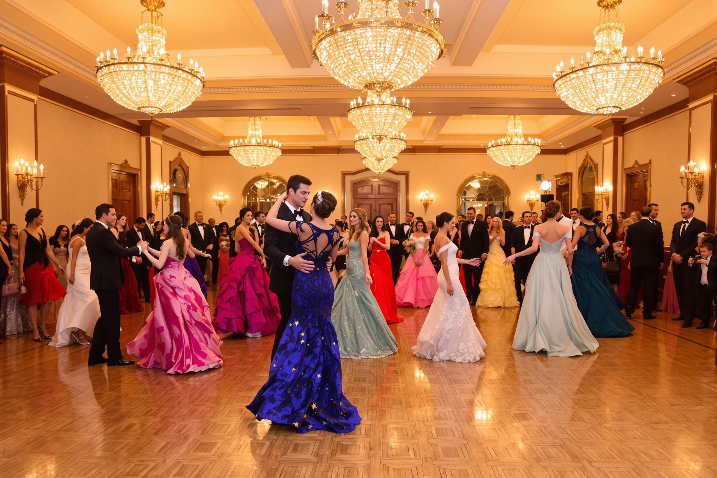 A luxurious ballroom radiates elegance as couples twirl across a polished wooden dance floor beneath sparkling chandeliers. Dressed in formal gowns and suits, attendees gracefully flow through the space, their movements creating a vivid array of colors. The warm glow from ornate wall sconces adds to the romantic ambiance, inviting a sense of celebration.