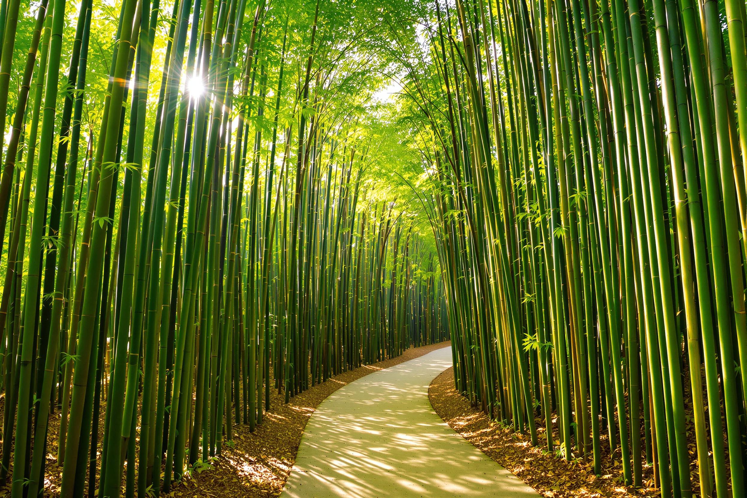 A serene sunlit bamboo forest path flanked by tall, slender stalks glowing softly in shades of green. Golden rays of sunlight filter through the canopy, casting intricate dappled shadows across the winding dirt trail. Thin leaves sway gently, adding delicate movement to the tranquil atmosphere.