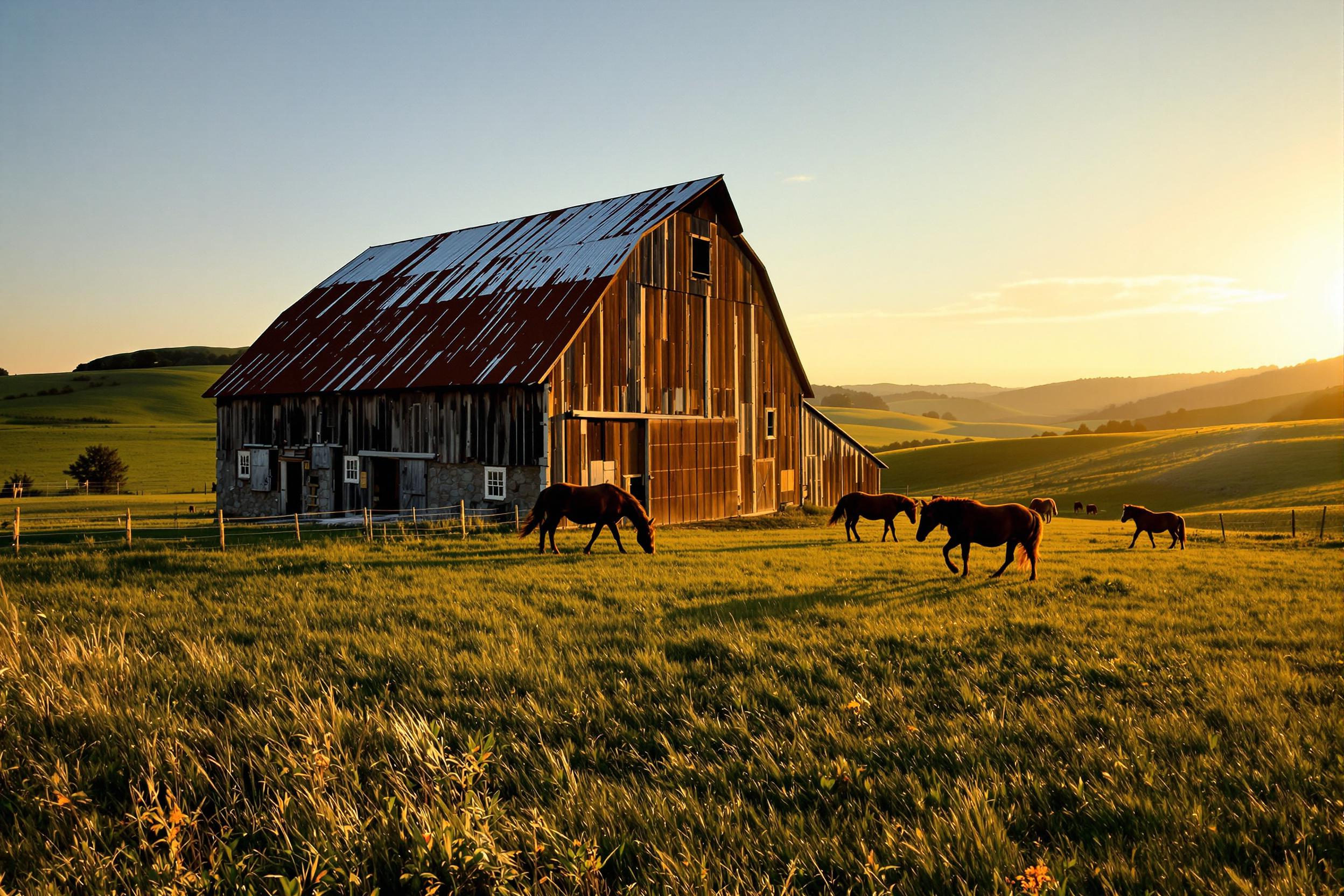 A picturesque barn stands weathered yet sturdy, bathed in warm golden sunlight as it sets behind rolling hills. Grazing horses wander lazily nearby, their dark silhouettes contrasting against the rich green grass. The barn’s rusted tin roof reflects glimmers of light, while delicate shadows stretch across the terrain, enhancing the tranquil rural landscape.