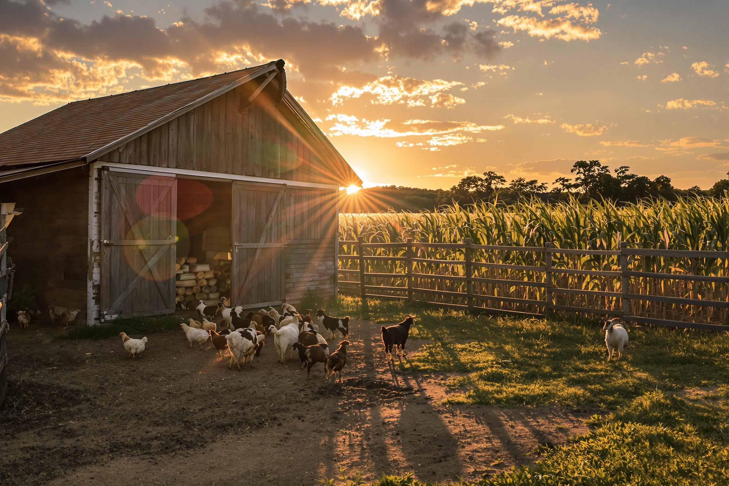 Golden sunlight cascades over a tranquil barnyard at dusk, highlighting a flock of chickens pecking near a rustic wooden barn. A pair of goats graze close to a weathered fence, casting long shadows across the soil. Crops swaying in the breeze frame the peaceful pastoral scene under the warm glow of a sunset.