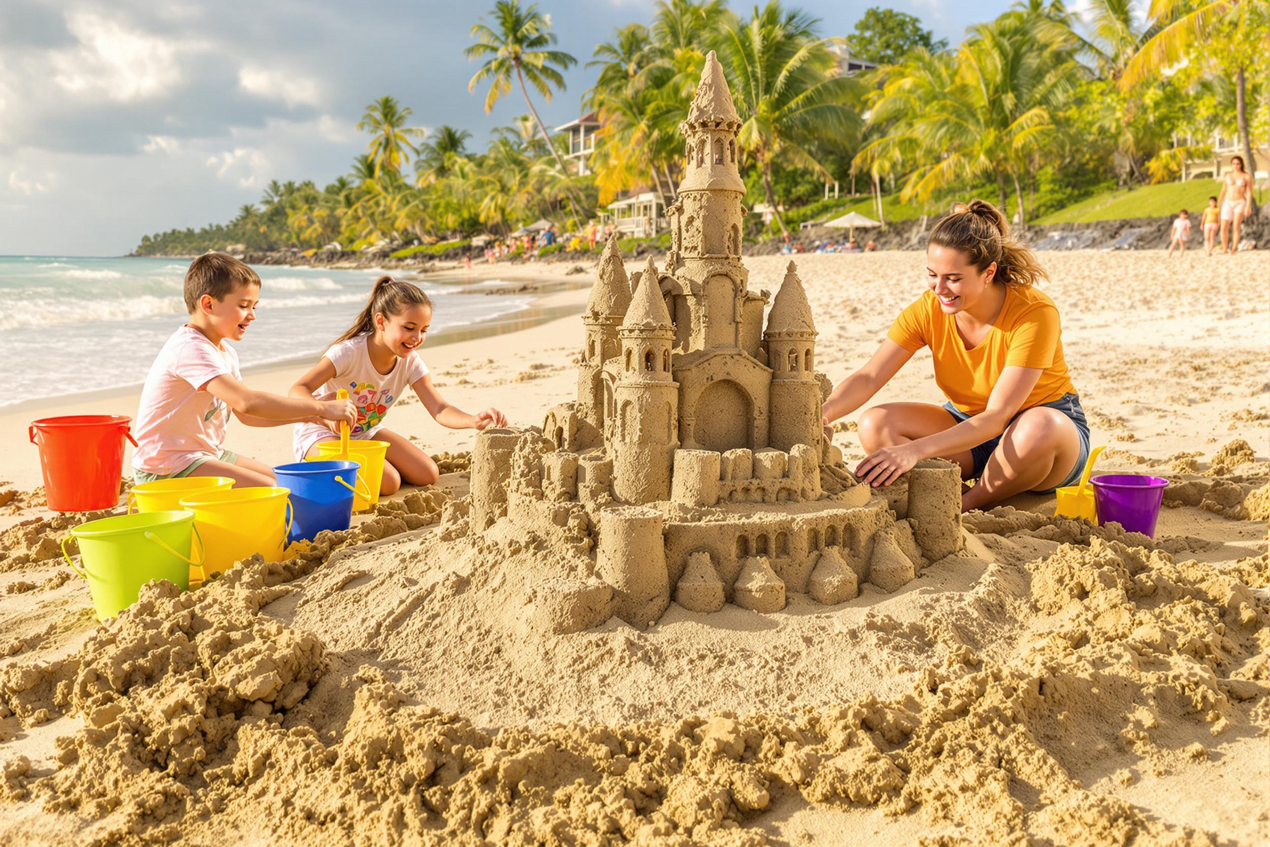 A joyful family delights in crafting an elaborate sandcastle along a tropical beach. The scene captures children eagerly shaping wet sand while parents assist with colorful buckets and shovels. Golden sunlight bathes the sandy shore, illuminating their smiles as gentle waves lap at the shoreline, providing a serene yet playful backdrop.