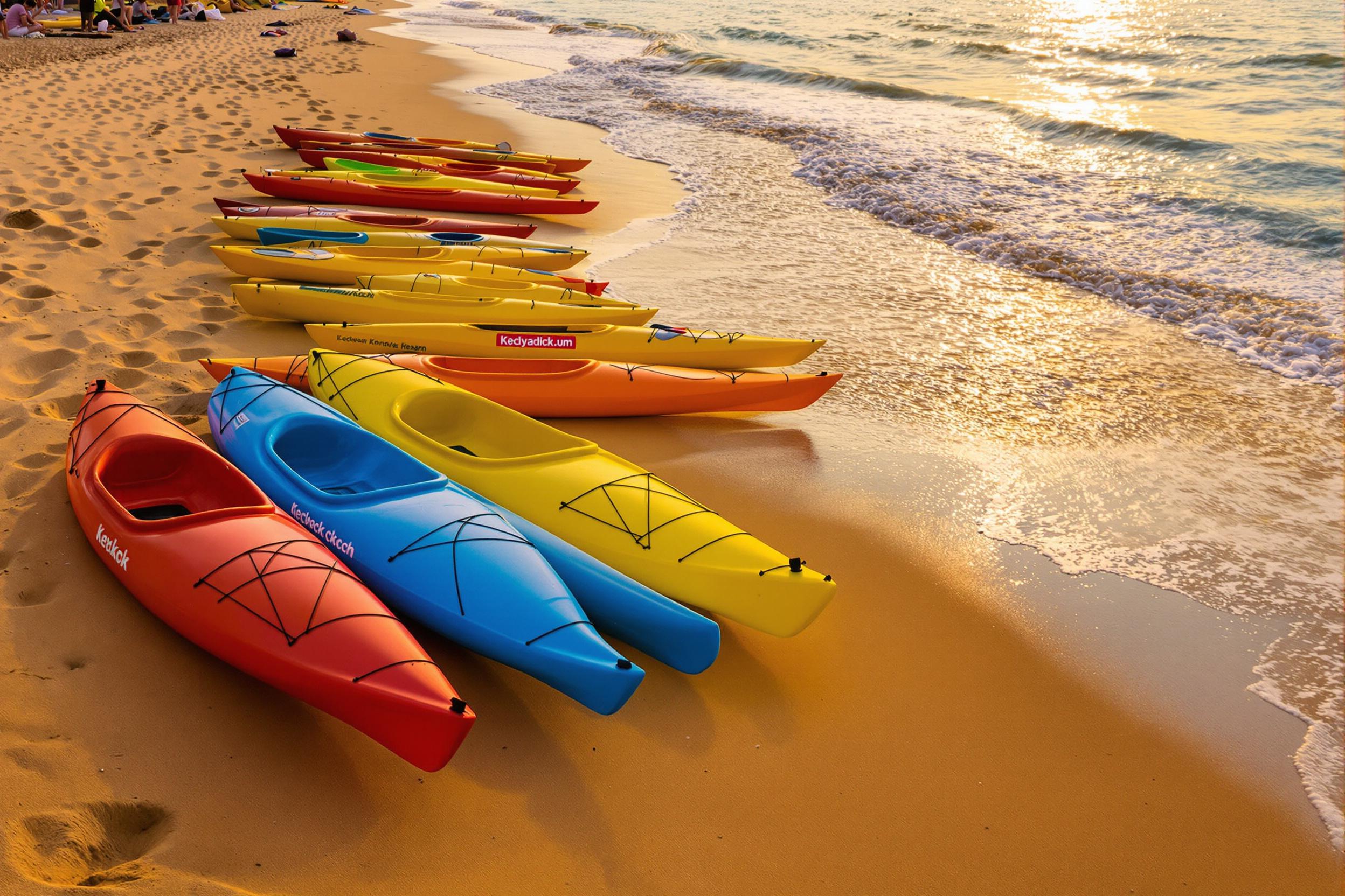 A tranquil sunset beach features a line of brightly colored kayaks resting on smooth golden sand. Their red, blue, yellow, and orange hues create a striking contrast against the muted surf below. The soft amber light of dusk bathes the scene, casting long shadows across the pristine shoreline, complemented by gentle waves shimmering in fading light.