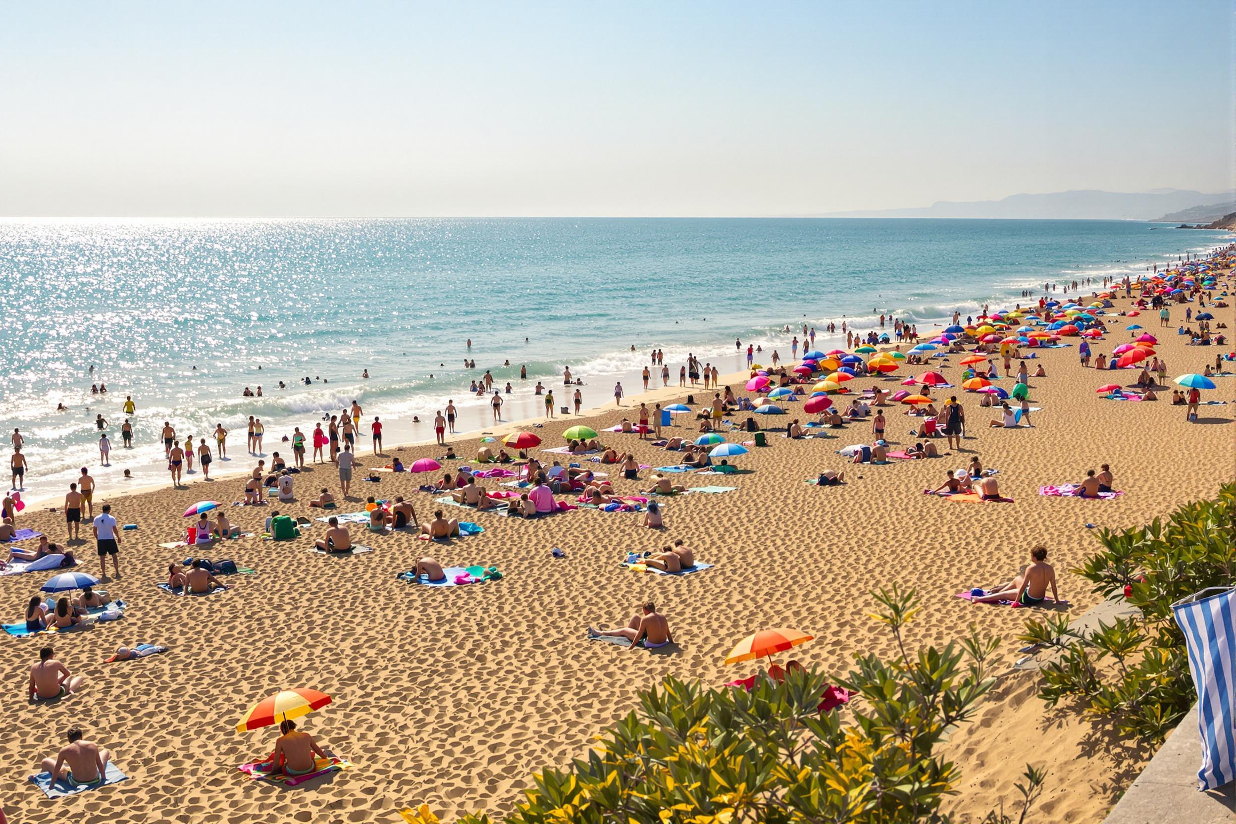 A vibrant beach scene unfolds under late afternoon sunlight. Families and friends gather along the expanse of golden sand, enjoying activities like swimming, sunbathing, and playing volleyball. Colorful umbrellas and beach towels add splashes of color against the deep blue sea and clear sky. The lively atmosphere invites relaxation and enjoyment of summer fun.