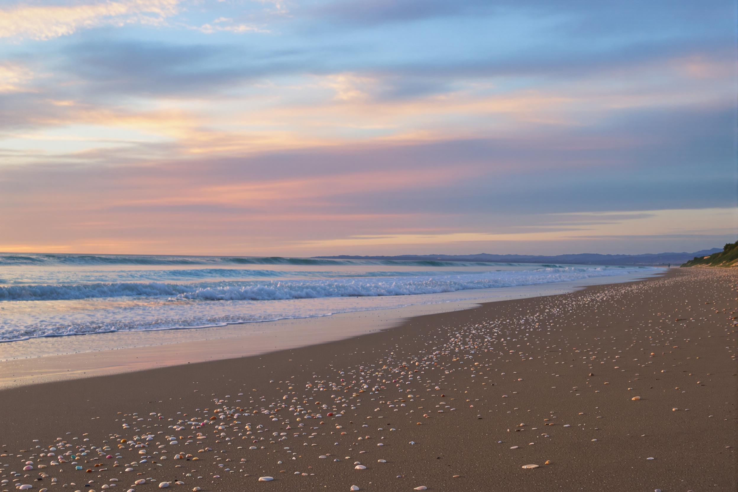 A serene beach stretches beneath a soft sunrise, where golden light dances over gently lapping waves. The horizon glows with warm pastels as the sky transitions from deep blue to soft pinks and oranges. The wet sand reflects the vibrant colors, while small shells dot the shoreline, inviting quiet contemplation amidst nature's beauty.