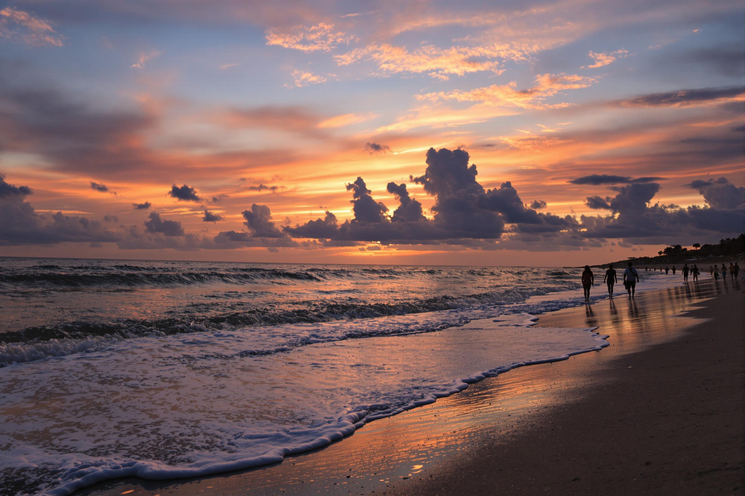 A stunning coastal beach scene captures silhouettes of people leisurely walking along the shoreline at sunset. Gentle waves lap at their feet, creating delicate froth. The sky transforms into a vibrant tapestry of oranges, pinks, and purples, reflecting beautifully on the shimmering water. Wispy clouds catch the last rays of light, adding depth to this picturesque moment.