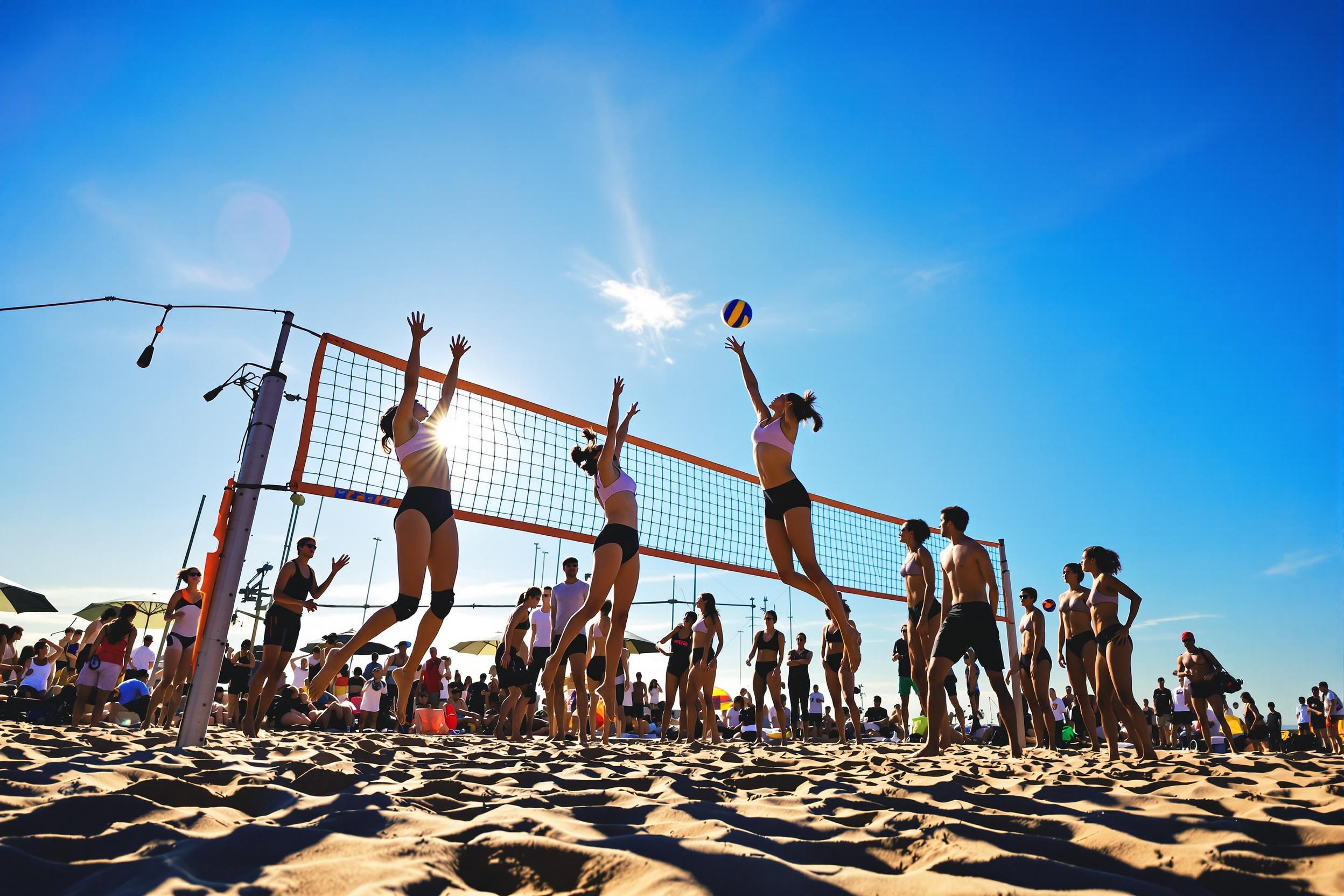 A dynamic beach volleyball match unfolds under the warm glow of the late afternoon sun. Energetic players leap gracefully to hit the ball, their silhouettes contrasting against the sandy backdrop. The scene captures lively action as spectators cheer in the distance. Bright sunlight casts long shadows, emphasizing the intensity of play among the azure sky.