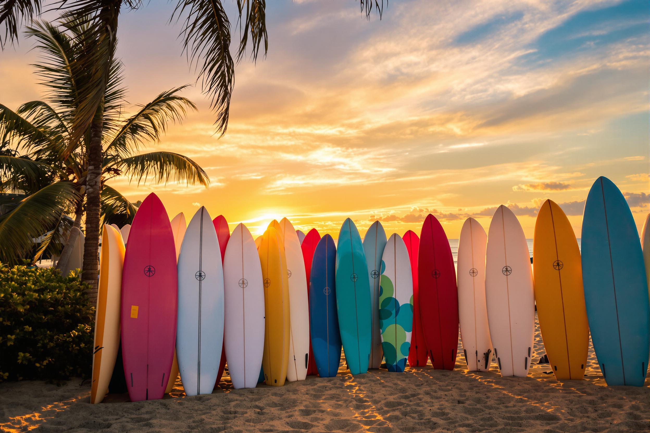 A serene beach scene unfolds during golden hour, showcasing colorful surfboards stacked against a gently swaying palm tree. The warm hues of the setting sun cast a tranquil glow over the soft sand, fostering a peaceful atmosphere. Wispy clouds drift lazily in the vibrant sky, enhancing the idyllic coastal charm.