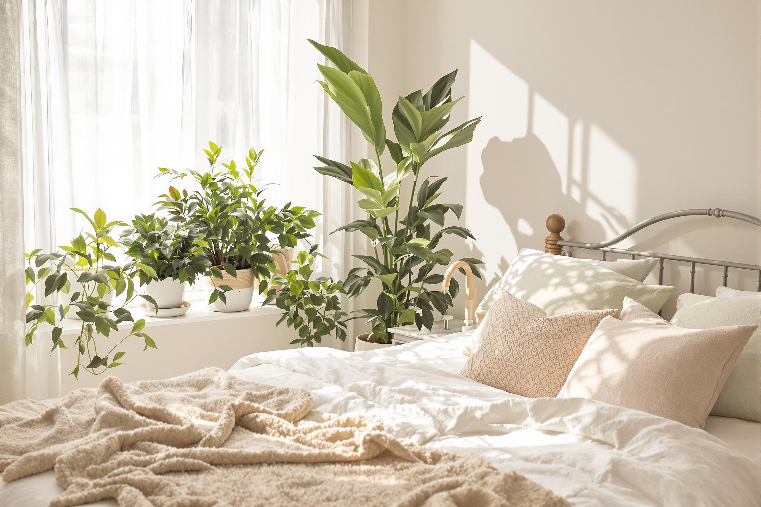 A tranquil bedroom corner is adorned with lush green potted plants beside a large window. Soft sunlight filters through sheer curtains, casting delicate shadows on a plush, beige rug. In the foreground, a cozy bed draped in white linens features a variety of textured pillows in muted pastels. This inviting setup is perfect for relaxation and comfort, enhancing the peaceful ambience of the space.