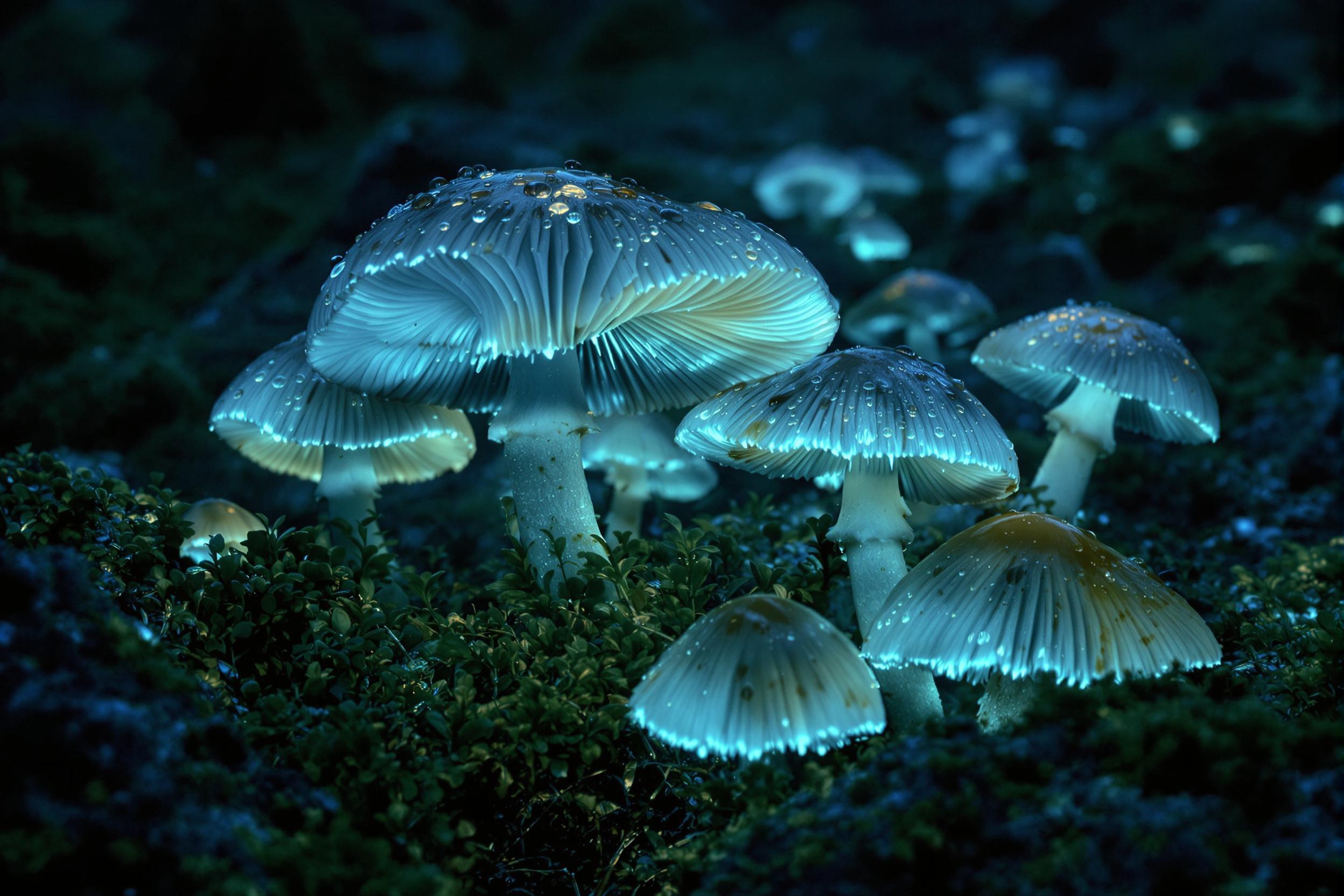 A cluster of bioluminescent mushrooms emits a soft blue-green glow in a damp, shadowy forest. The close-up highlights intricate gills and moisture gleaming on their caps. Moss-covered rocks surround the fungi, subtly blurred to frame the focus. Wisps of mist scatter faint luminescent reflections, enhancing the serene, otherworldly atmosphere.