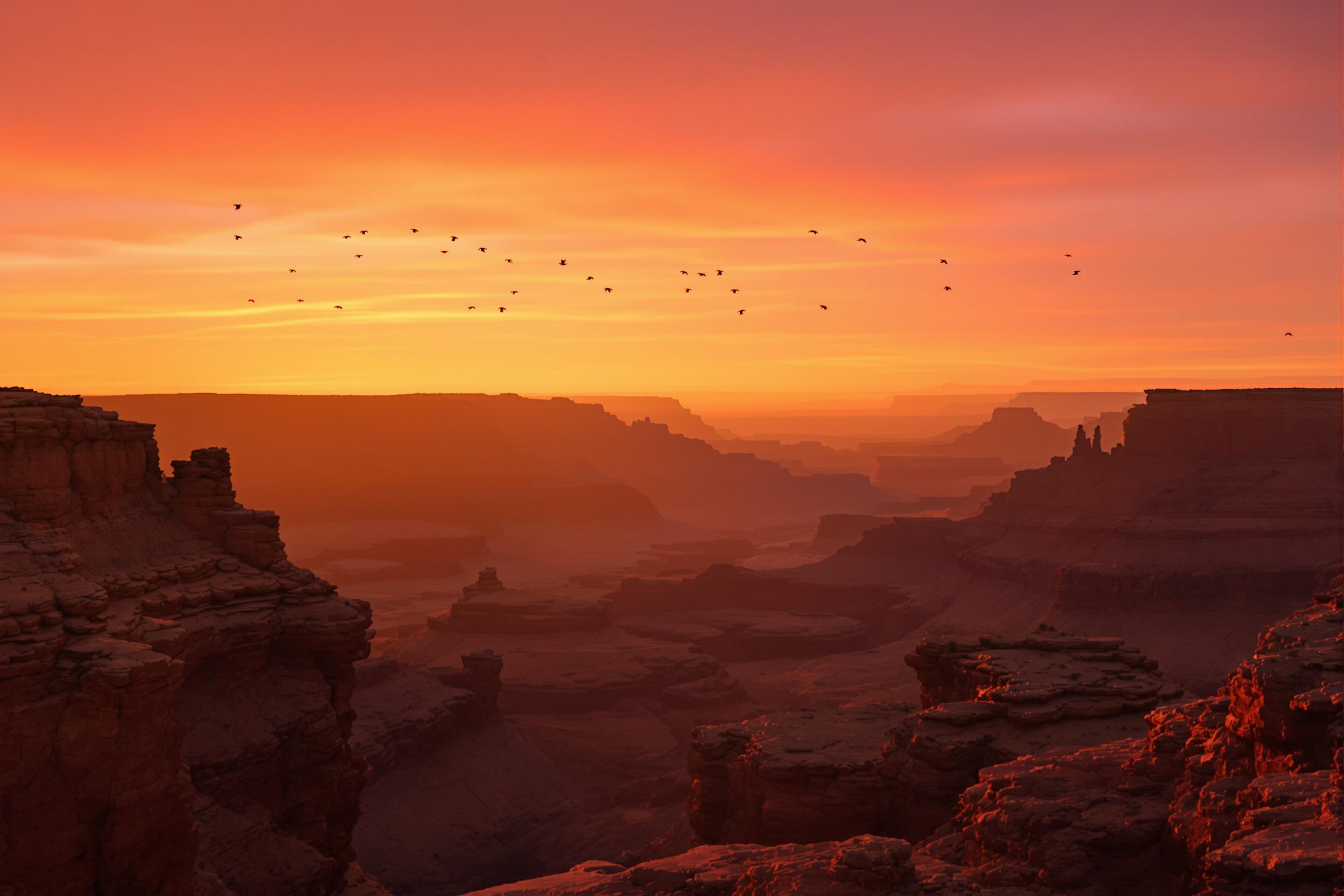 Silhouettes of birds soar over a sprawling canyon at sunset, their outlines crisp against the radiant orange and pink gradient sky. Jagged rock formations cast long shadows, showcasing deep earthy red and brown layers across the rugged terrain. The scene captures the vastness of nature's grandeur, framed through sublime atmospheric light.