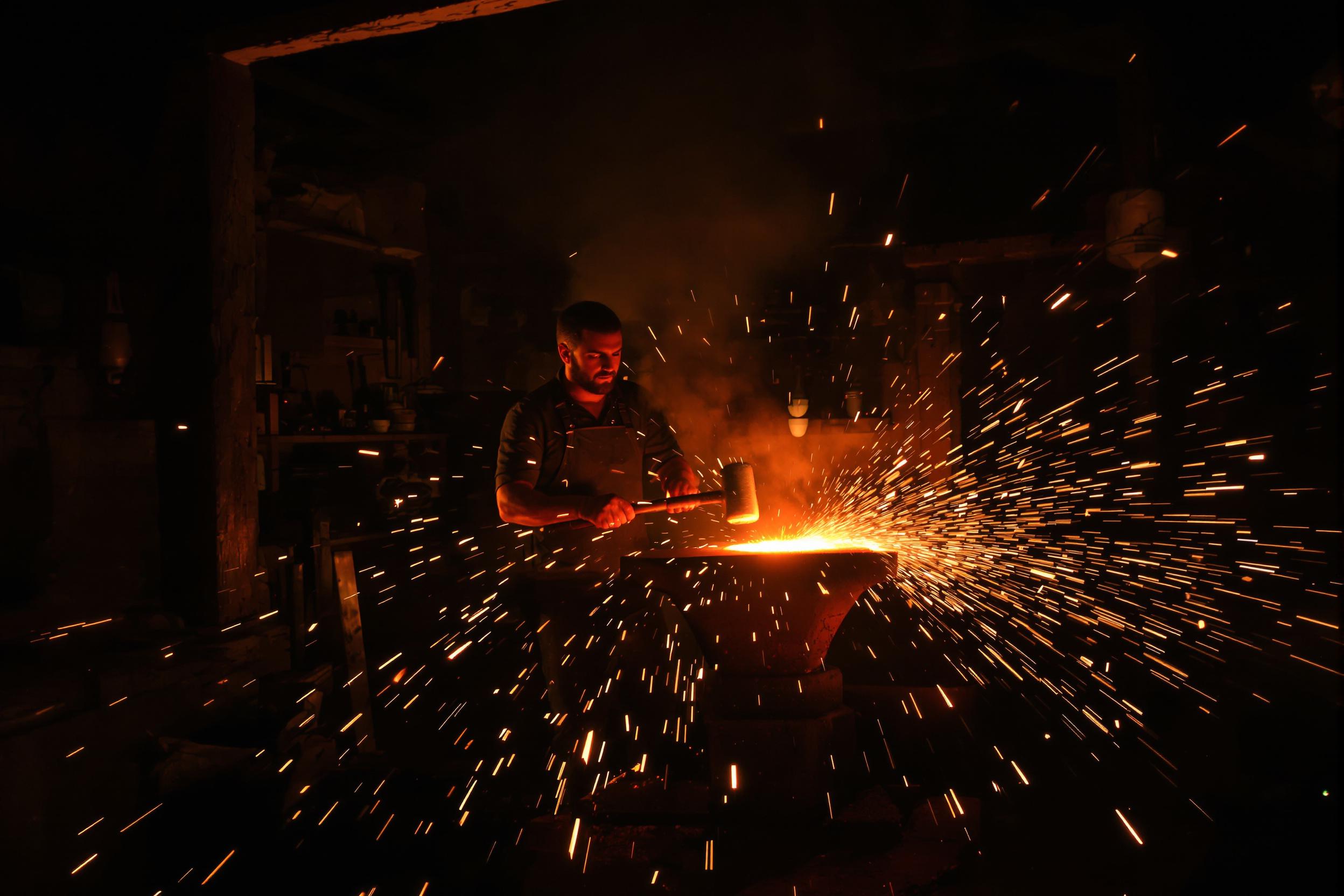 Within a rustic dimly-lit blacksmith workshop, an artisan forges glowing metal amidst swirling smoke. Sparks scatter dramatically with each hammer strike against the anvil. The warm orange hue from the forge illuminates forged tools and patterns scattered around. Shadows play across rough-hewn wooden walls creating a timeless, industrious ambiance.