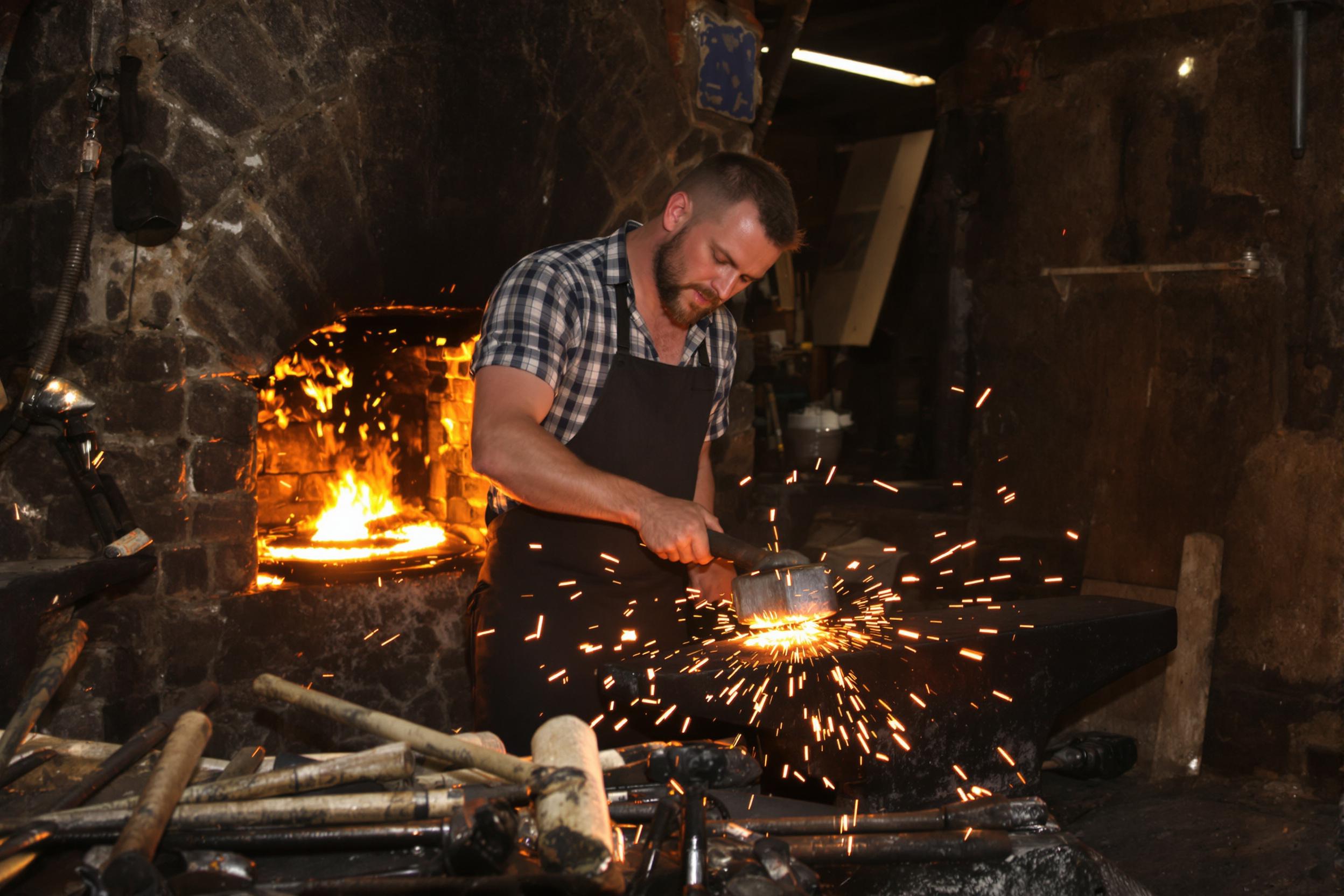 A skilled blacksmith is captured mid-work in a traditional forge, the warm glow of the fire illuminating his focused expression. Sparks fly as he hammers a glowing piece of metal on an anvil. Surrounding tools lay scattered about, showcasing the art of craftsmanship. The atmosphere is rich with history, reflected in the rustic materials and flickering light.