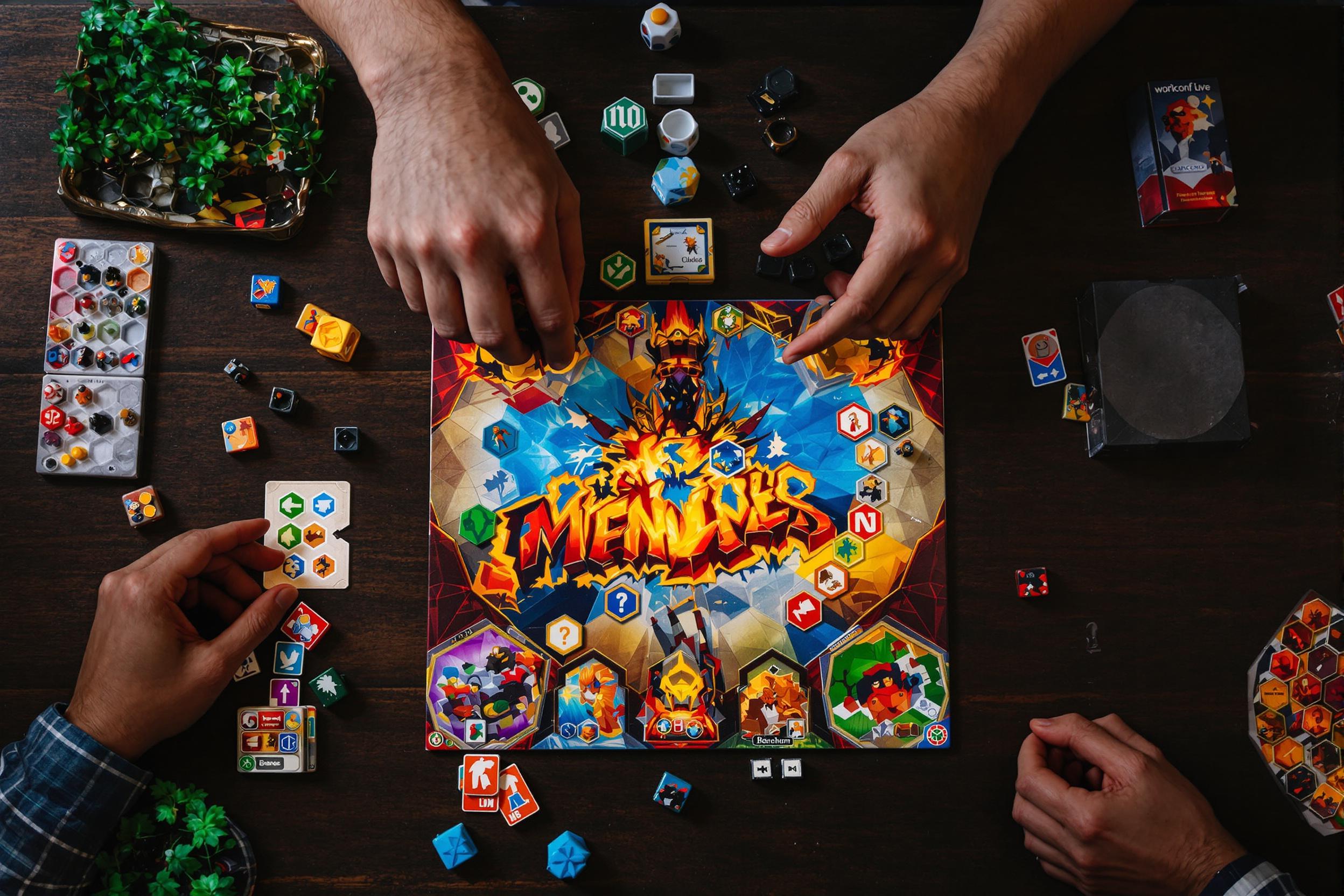 A captivating top-down view of an intense board game session captures the essence of strategic gameplay among friends. Vibrant game tiles and miniature pieces take center stage under ambient, focused lighting, while hands hover above, poised to make their next moves. The setup is framed against a rustic dark wood table, enhancing the scene's inviting warmth.