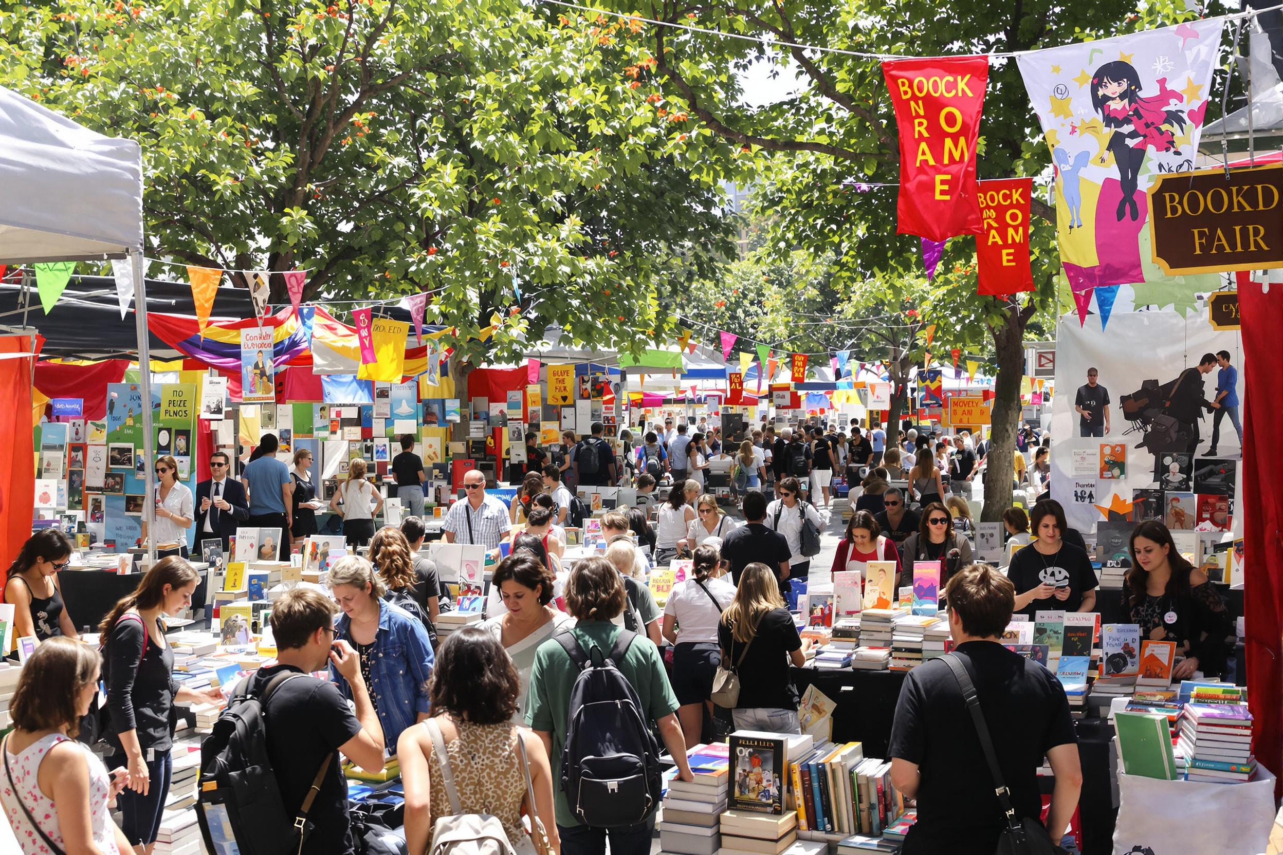 An animated open-air book fair spreads across a sunlit plaza. Stalls draped in vibrant fabric showcase a plethora of books, appealing to diverse interests. Crowds of enthusiastic readers peruse titles, some engaged in conversation, others examining covers. Colorful banners accentuate the scene while dappled sunlight casts playful shadows.