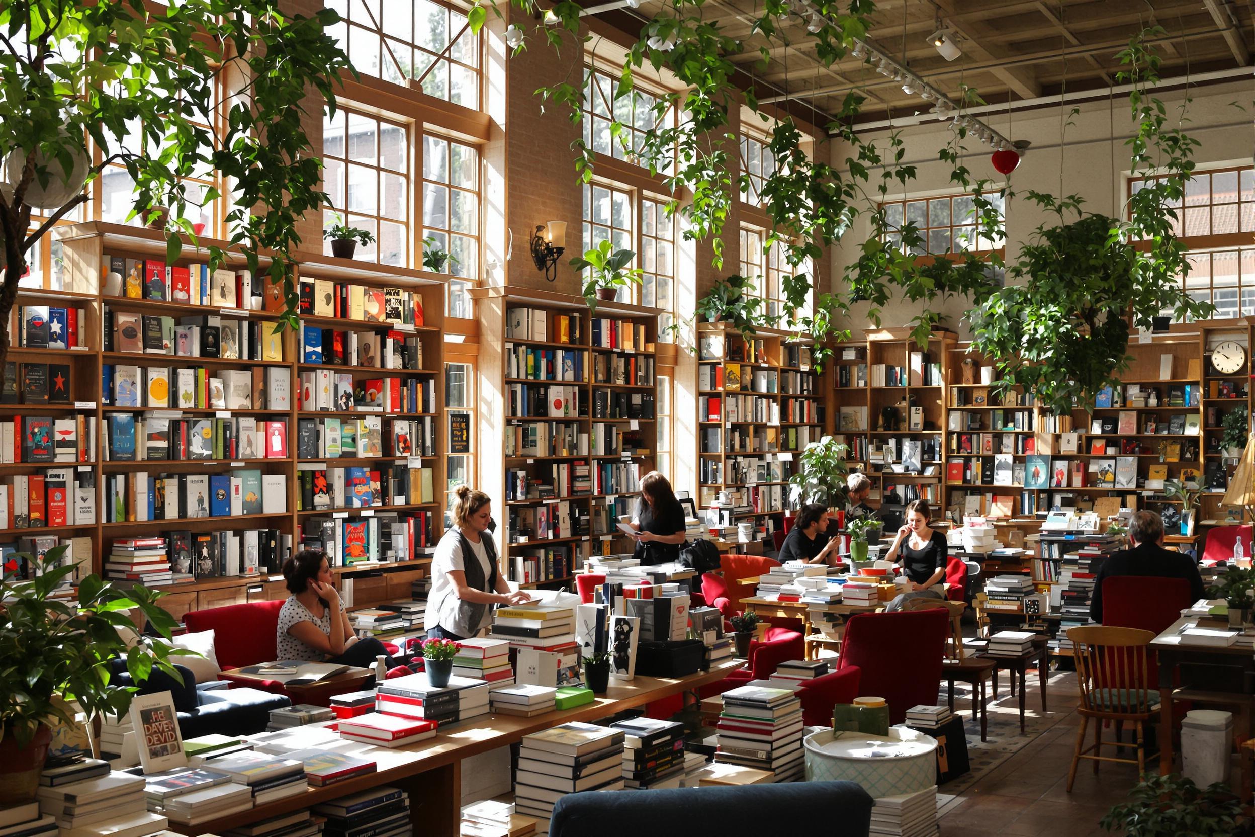 Inside a cozy bookshop, bright sunlight spills through large windows, illuminating shelves teeming with colorful books. Various patrons are scattered throughout the space, some sitting in plush armchairs, while others stand immersed in their selections. The inviting atmosphere is enhanced by potted plants and wooden accents, creating a warm haven for readers.