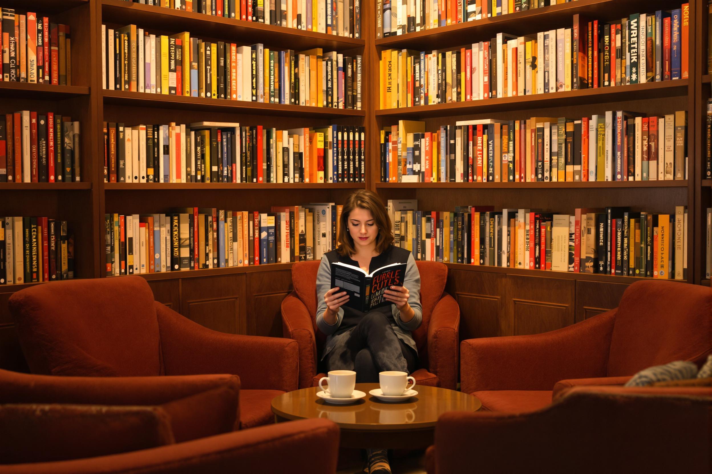 In a cozy bookstore nook, a woman is engrossed in a novel, surrounded by colorful bookshelves. Warm, soft lighting casts a gentle glow over the space, creating a welcoming atmosphere. Plush armchairs invite readers to linger, while a small table holds steaming mugs of coffee. The scene captures the joy of reading in a tranquil environment.