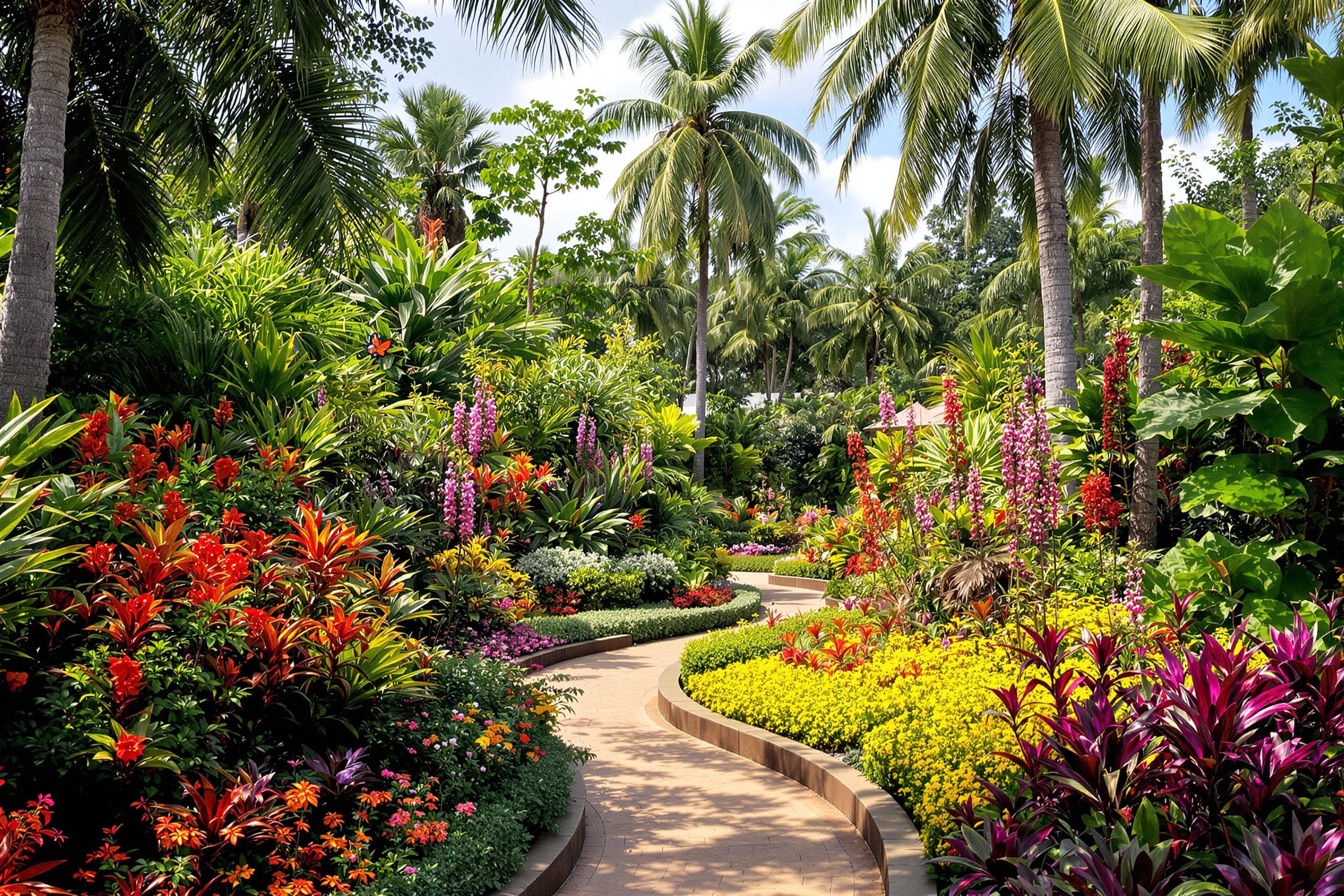 A lush botanical garden bursts with color under the midday sun. Exotic plants frame winding pathways, showcasing an array of blooming flowers in brilliant reds, yellows, and purples. Towering palm trees provide shade while butterflies flit from petal to petal, adding movement to the serene setting.