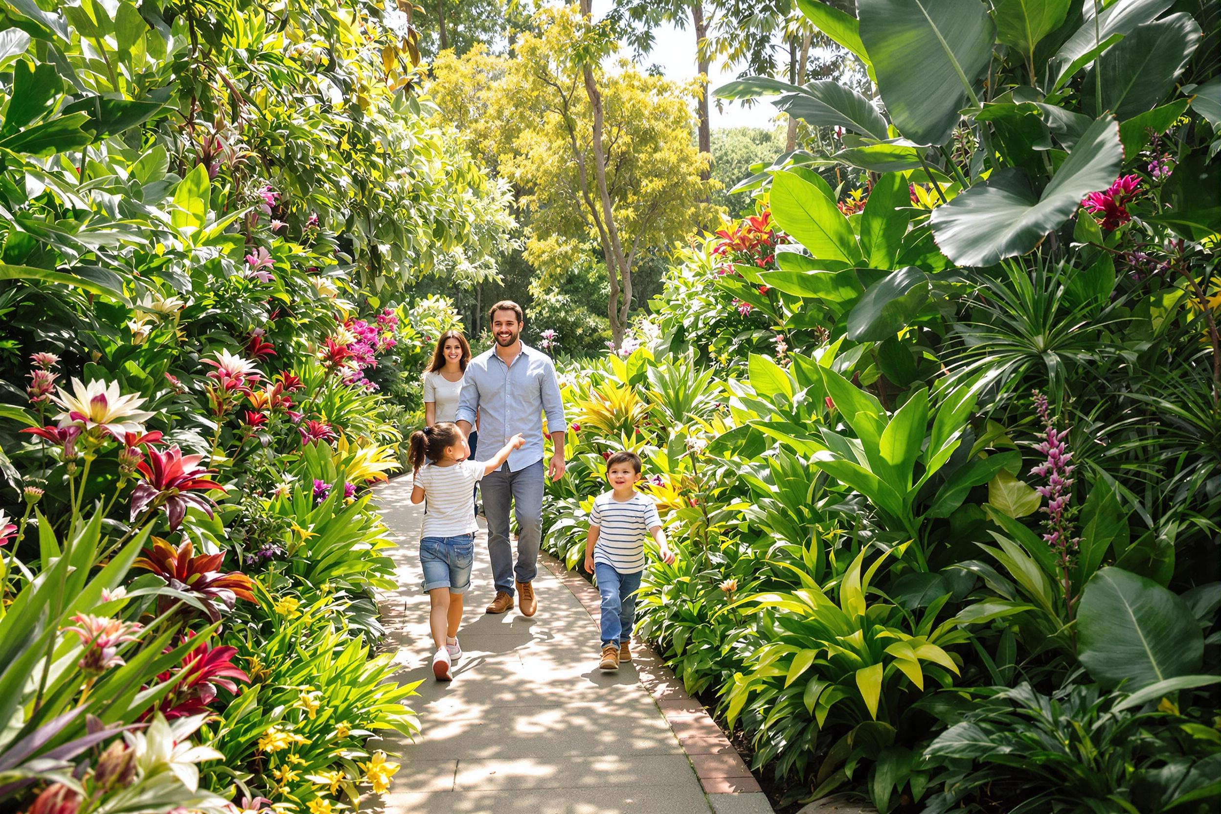 A joyous family strolls through a vibrant botanical garden filled with diverse plant species. The parents guide their children, pointing at colorful flowers and exotic greenery. Bright sunlight filters through the lush foliage, illuminating their happy faces as they explore the beauty of nature together.