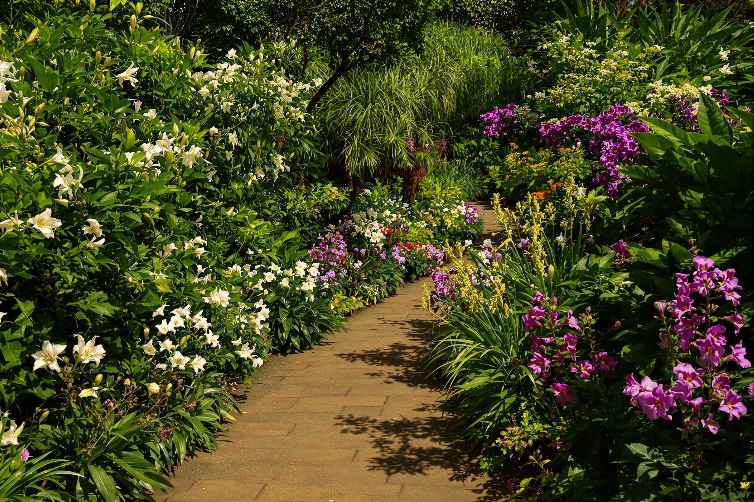 A tranquil botanical garden comes alive under the soft glow of the moonlight. Pathways meander through lush greenery adorned with blooming flowers, their petals shimmering softly. Various flower types, including white lilies and purple orchids, create a colorful mosaic. Delicate shadows play across the paths as gentle breezes rustle the leaves.