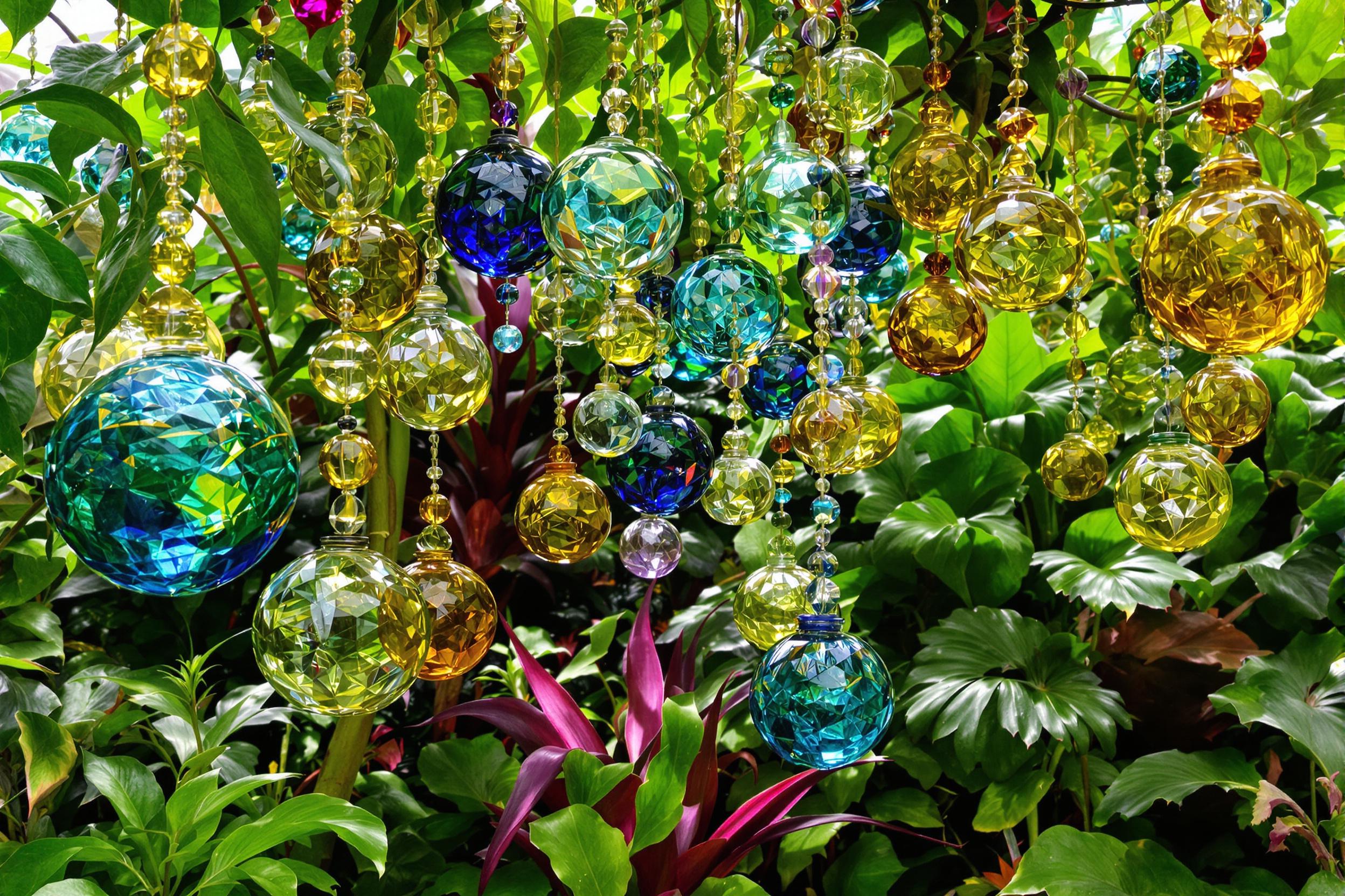 An enchanting array of colorful glass orbs hangs delicately among the vibrant plants in a lush botanical garden. The orbs, in shades of blue, green, and amber, catch the soft afternoon light, casting playful reflections on surrounding leaves. Richly textured foliage surrounds them, creating a sense of wonder and exploration in this serene oasis.