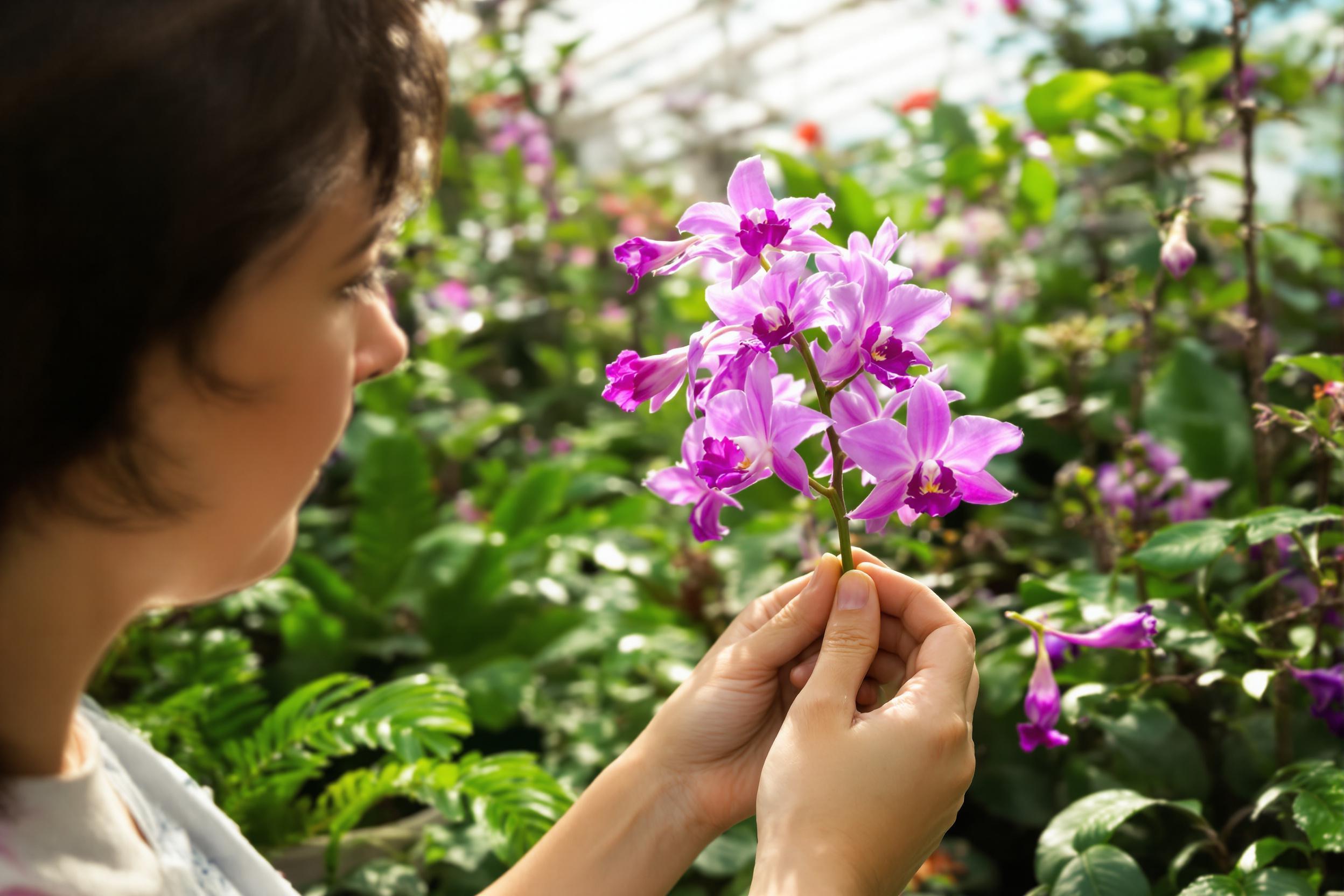 In a radiant greenhouse, a botanist delicately examines a rare orchid, its vivid purple petals glistening under soft, filtered sunlight. The focus is on their hands as they cradle the delicate stem, showcasing intricate details of leaves and blossoms. Surrounding them are lush green ferns and other exotic flora blurred in the background, highlighting the beauty of nature in a nurturing environment.