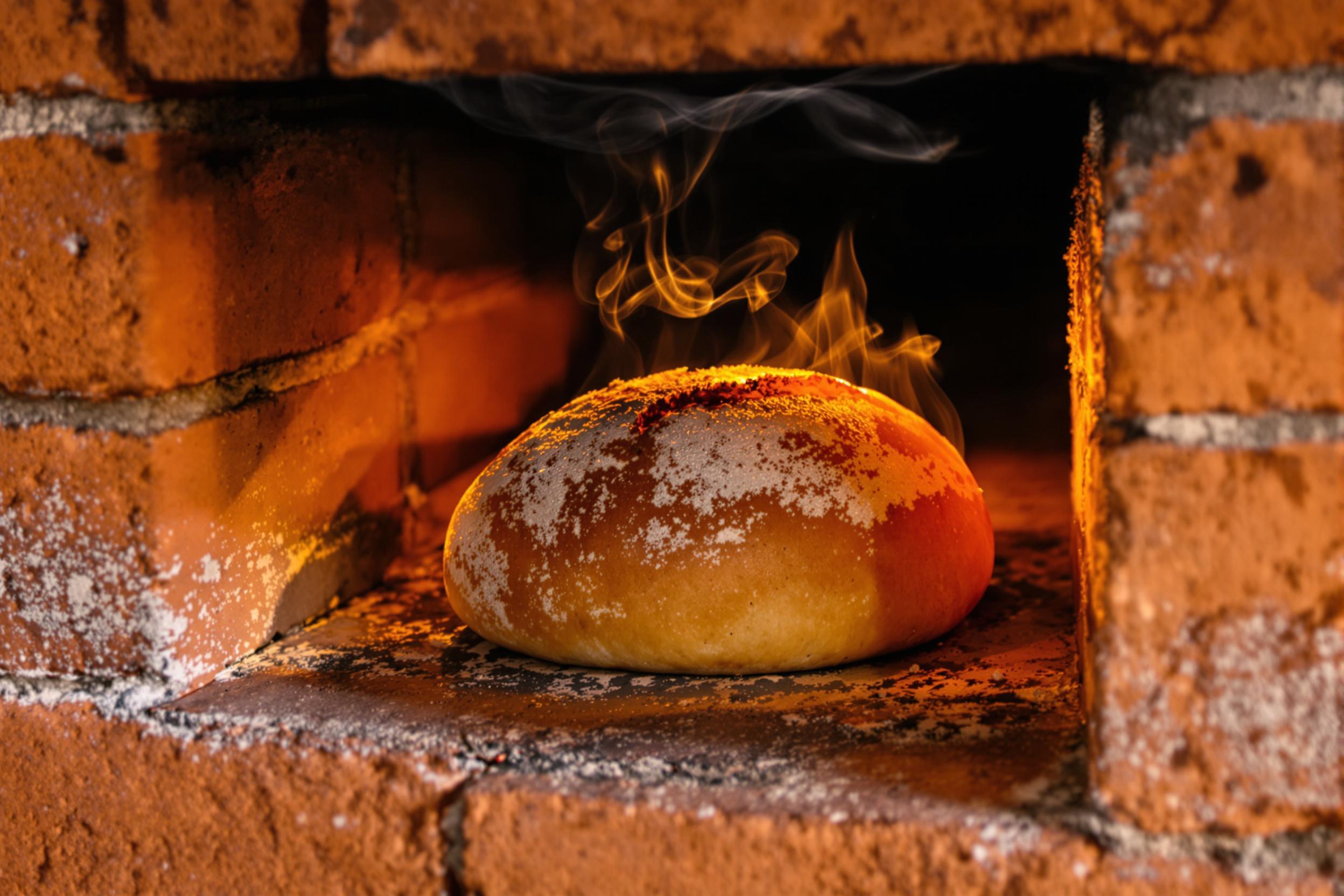 A close-up displays a loaf of bread baking inside a rustic stone hearth. The bread’s golden-brown crust glows softly under the radiant heat of embers. Uneven, aged bricks in warm orange hues frame the scene, emphasizing earthy textures. Wisps of smoke intertwine with dim natural light, enhancing the cozy atmosphere.