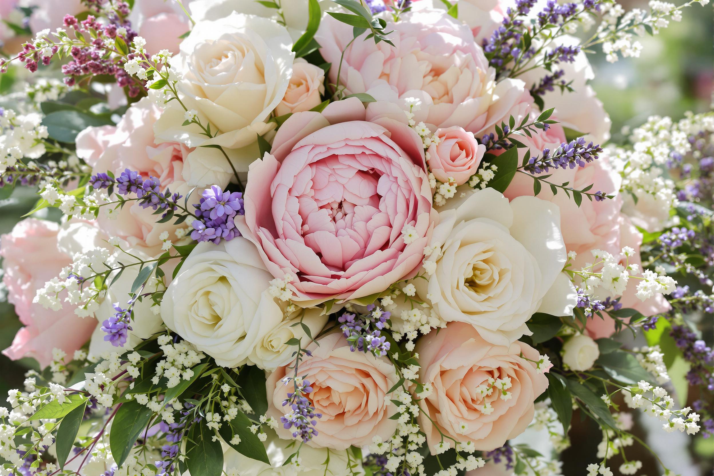 An exquisite bridal bouquet showcases an array of unique flowers, including soft pink peonies, white roses, and delicate lavender sprigs. Each blossom is meticulously arranged, creating a lush yet romantic aesthetic. Cascading greenery surrounds the blooms, while soft morning sunlight filters through the petals, enhancing their natural beauty and giving warmth to the composition.