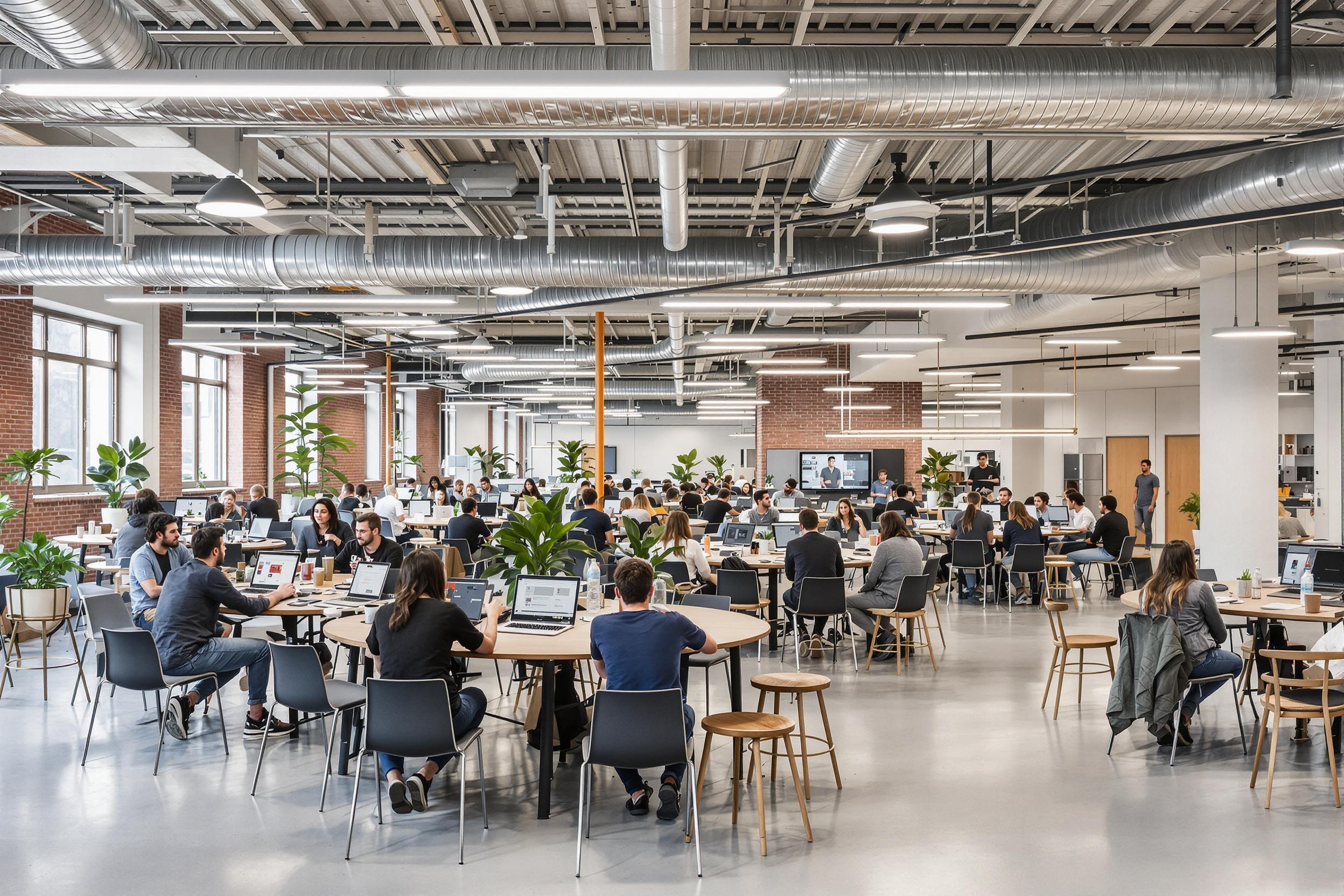 Modern startup incubator featuring open workspaces, collaborative zones, and high-tech amenities. Young entrepreneurs engage in dynamic discussions amidst a vibrant, industrial-chic environment designed to foster innovation and creativity.