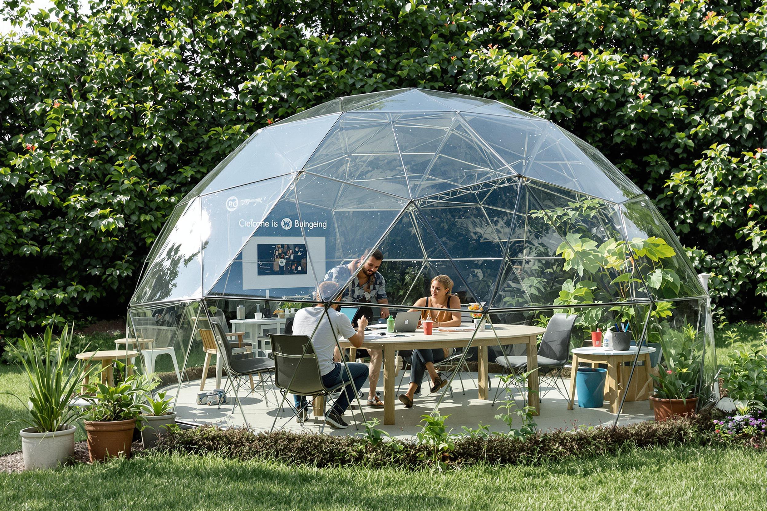 Capture the essence of creative problem-solving in this unique business setting. A diverse team collaborates inside a transparent geodesic dome office, surrounded by lush greenery. The unconventional workspace fosters innovation and out-of-the-box thinking.