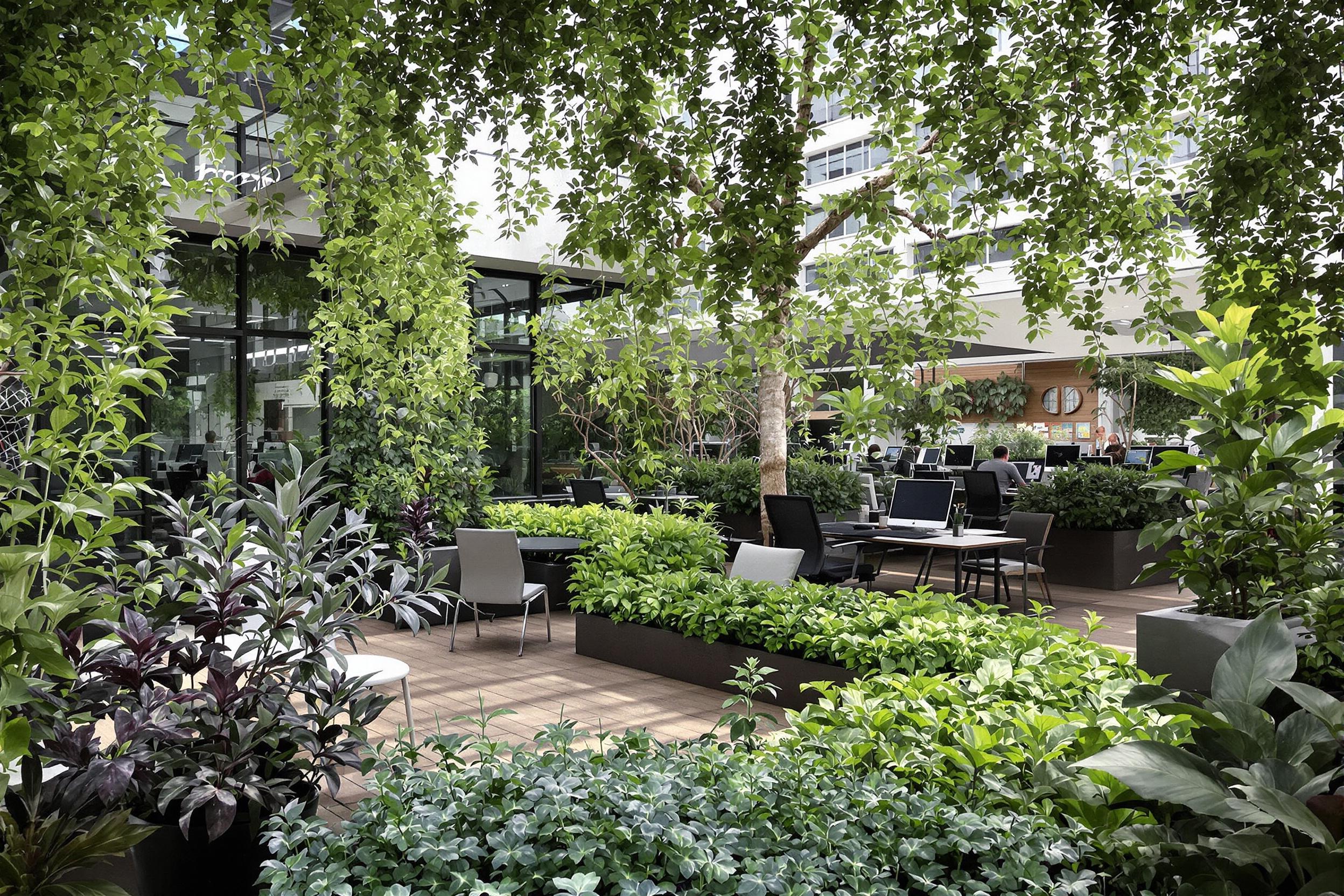 A cutting-edge rooftop garden office space showcases the perfect blend of urban agriculture and professional productivity. Lush greenery surrounds modern workstations, creating a harmonious environment that promotes sustainability and creativity in the heart of a bustling cityscape.