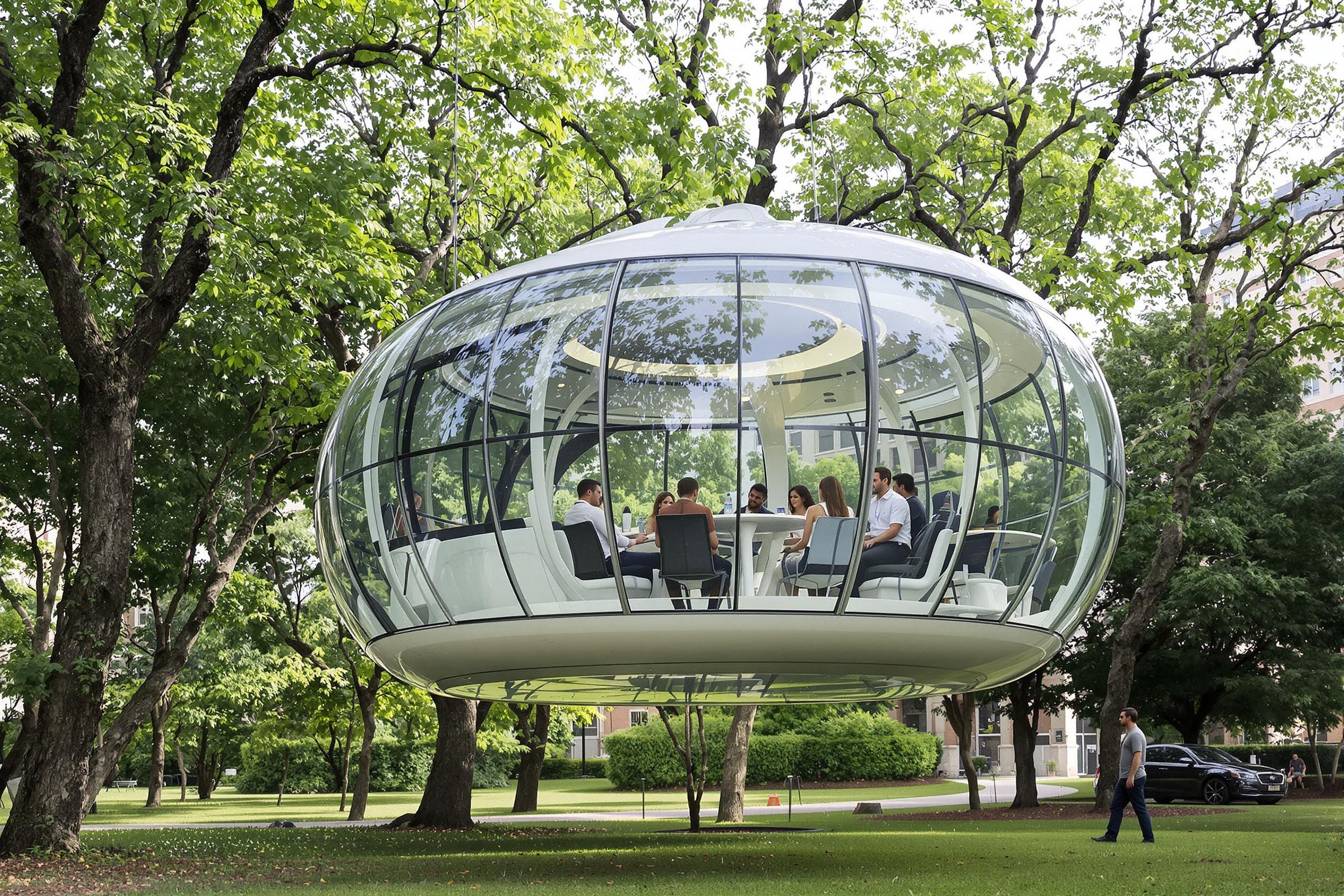 Futuristic transparent meeting pod suspended among trees in a city park. Professionals collaborate inside while surrounded by nature, blending urban workspace with green environment. Sleek design emphasizes work-life balance and eco-friendly business practices.