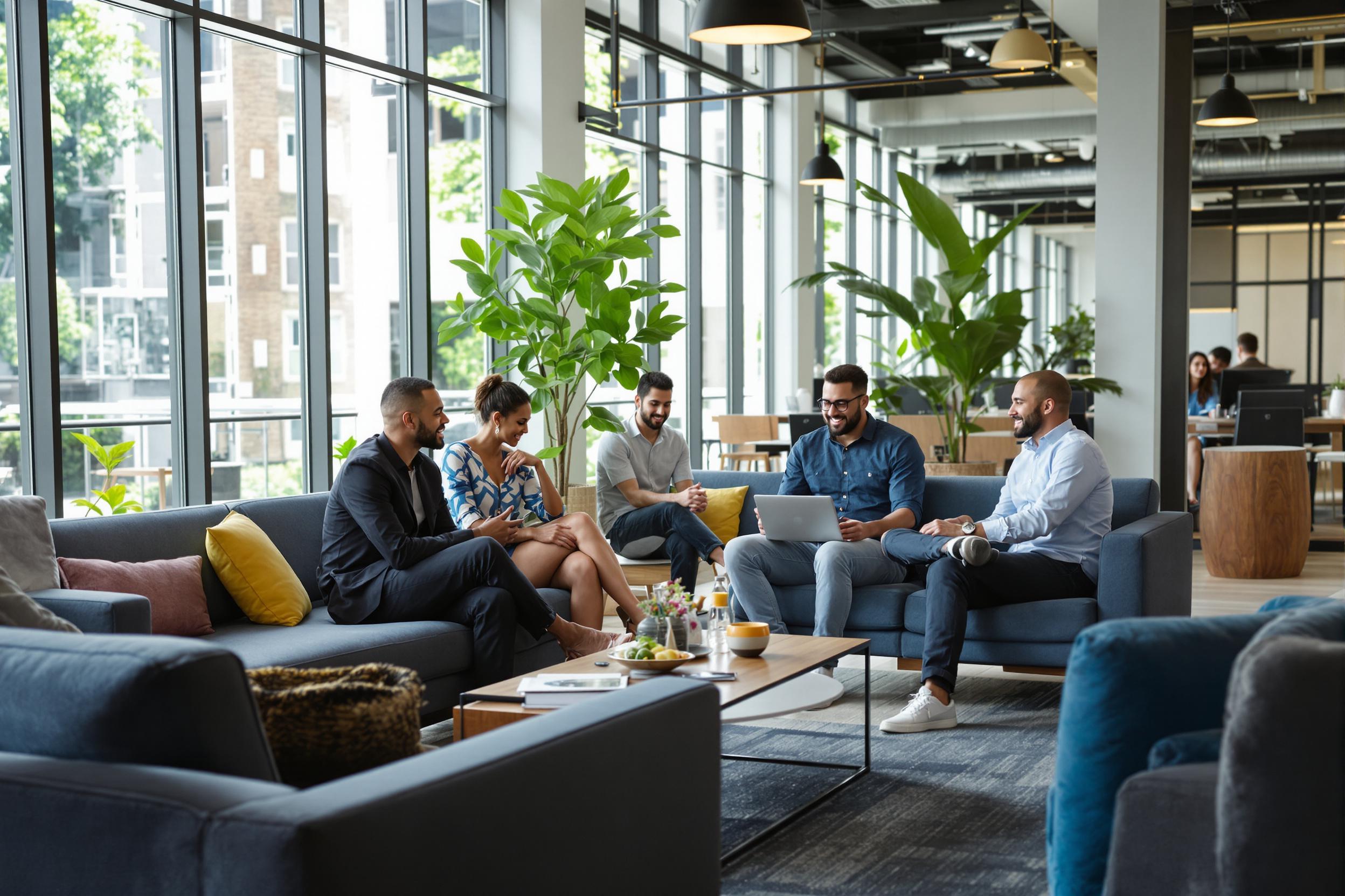 This vibrant image captures a diverse team engaged in a collaborative meeting within a contemporary office space. The setting features sleek furniture and large windows allowing natural light to flood the room, creating an inviting atmosphere. The color palette includes warm tones from wooden accents and cool blues from the decor, enhancing the professional yet relaxed mood. Shot from a slightly elevated angle, the composition emphasizes the interaction among team members, making it ideal for business and corporate themes.