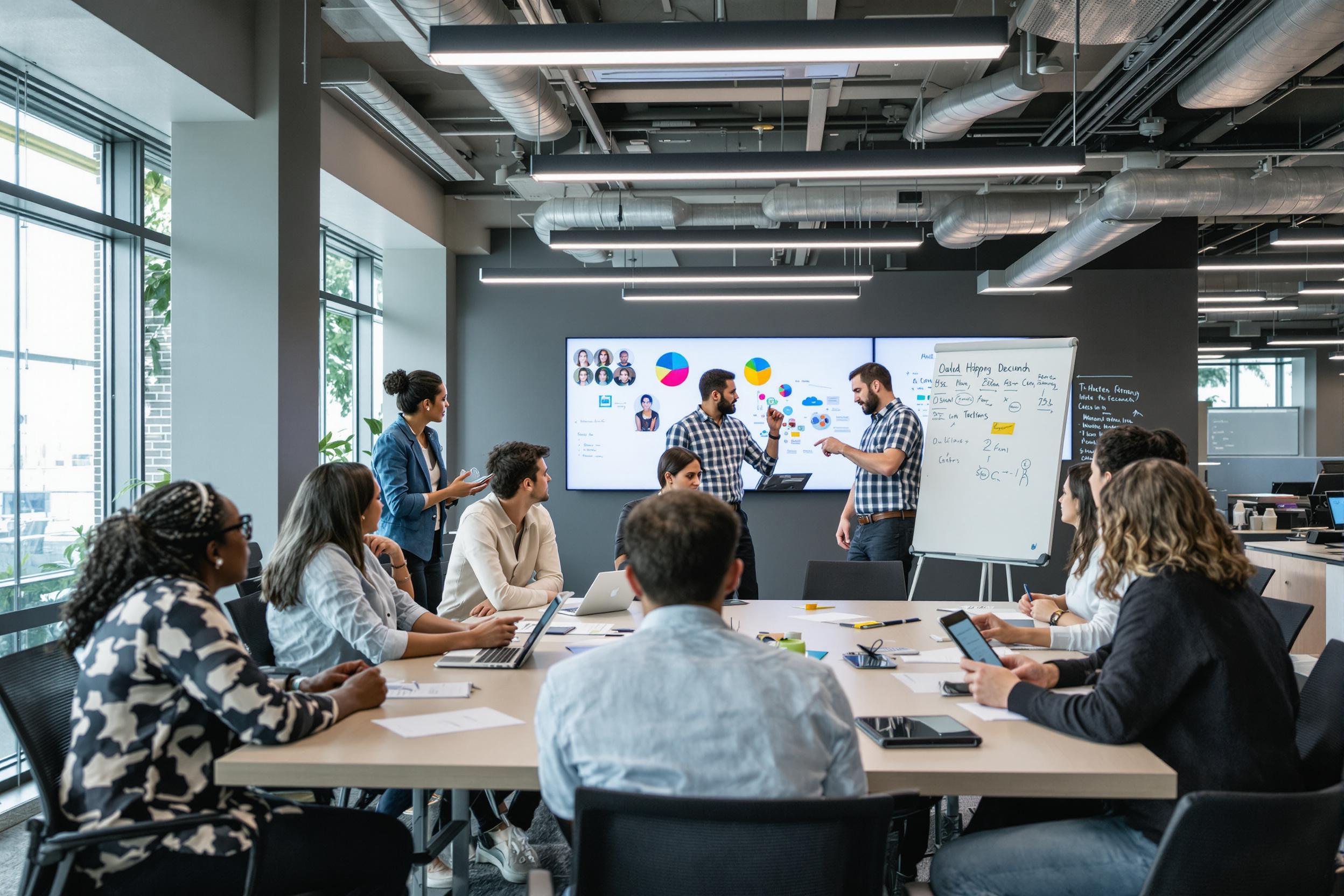 Dynamic business professionals engage in creative brainstorming session. Open-plan office with sleek design, natural light, and interactive digital displays. Diverse team collaborates around a central table, sharing ideas on tablets and whiteboards.