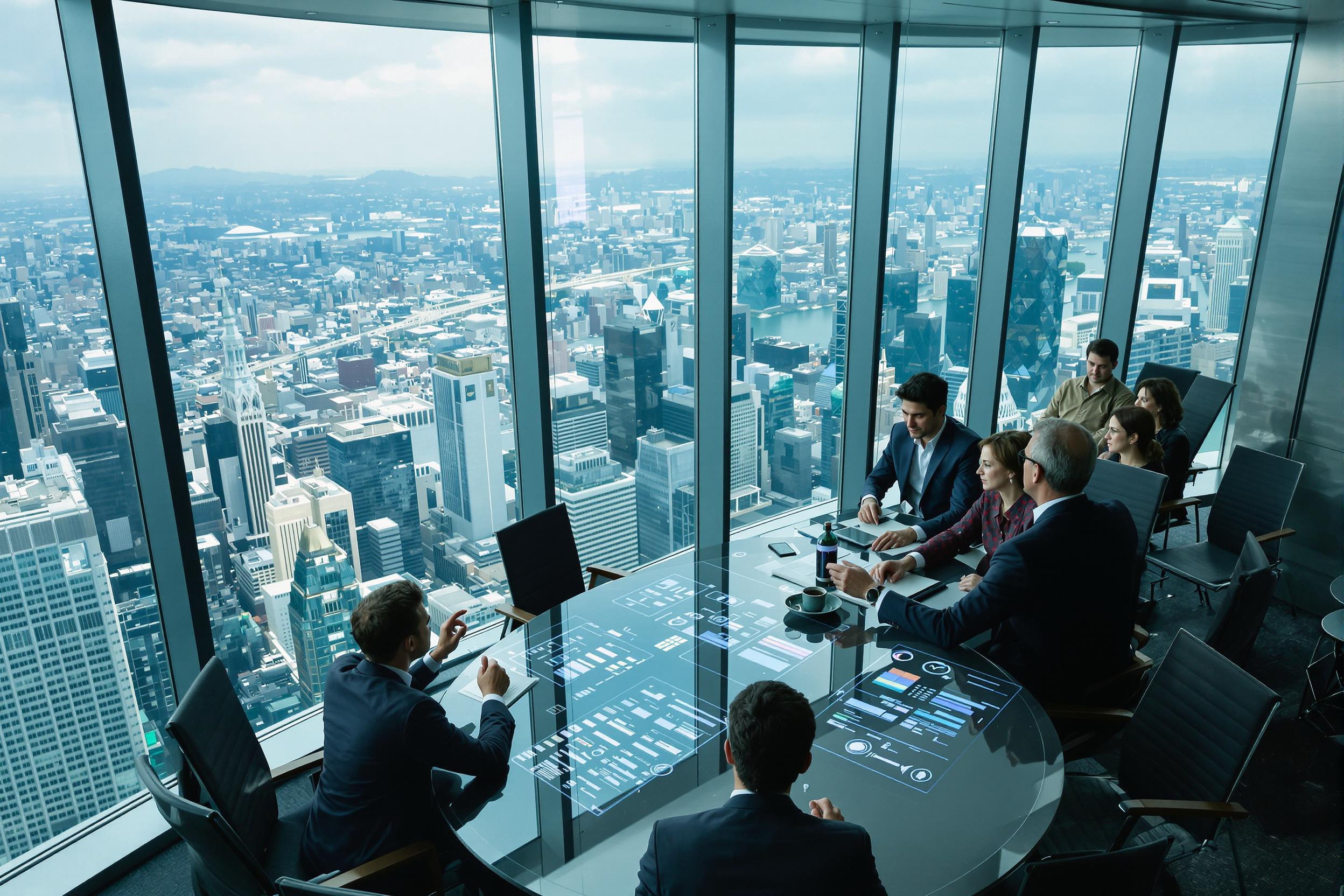 A sophisticated boardroom perched high in a skyscraper, offering panoramic city views. Executives engage in a strategy session around a sleek oval table, with digital displays showcasing data. The scene exudes corporate power and urban dynamism.