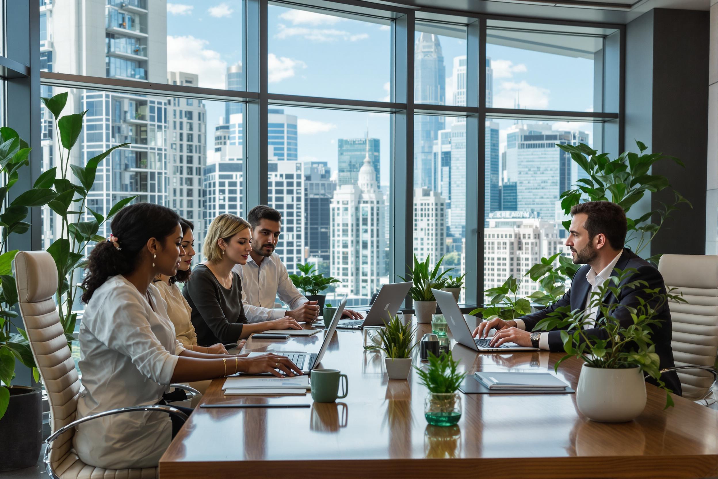 Executive team discusses eco-friendly initiatives in stylish boardroom. Floor-to-ceiling windows frame urban skyline, highlighting environmental focus. Leaders review green energy proposals on sleek laptops, surrounded by indoor plants and recycled materials.