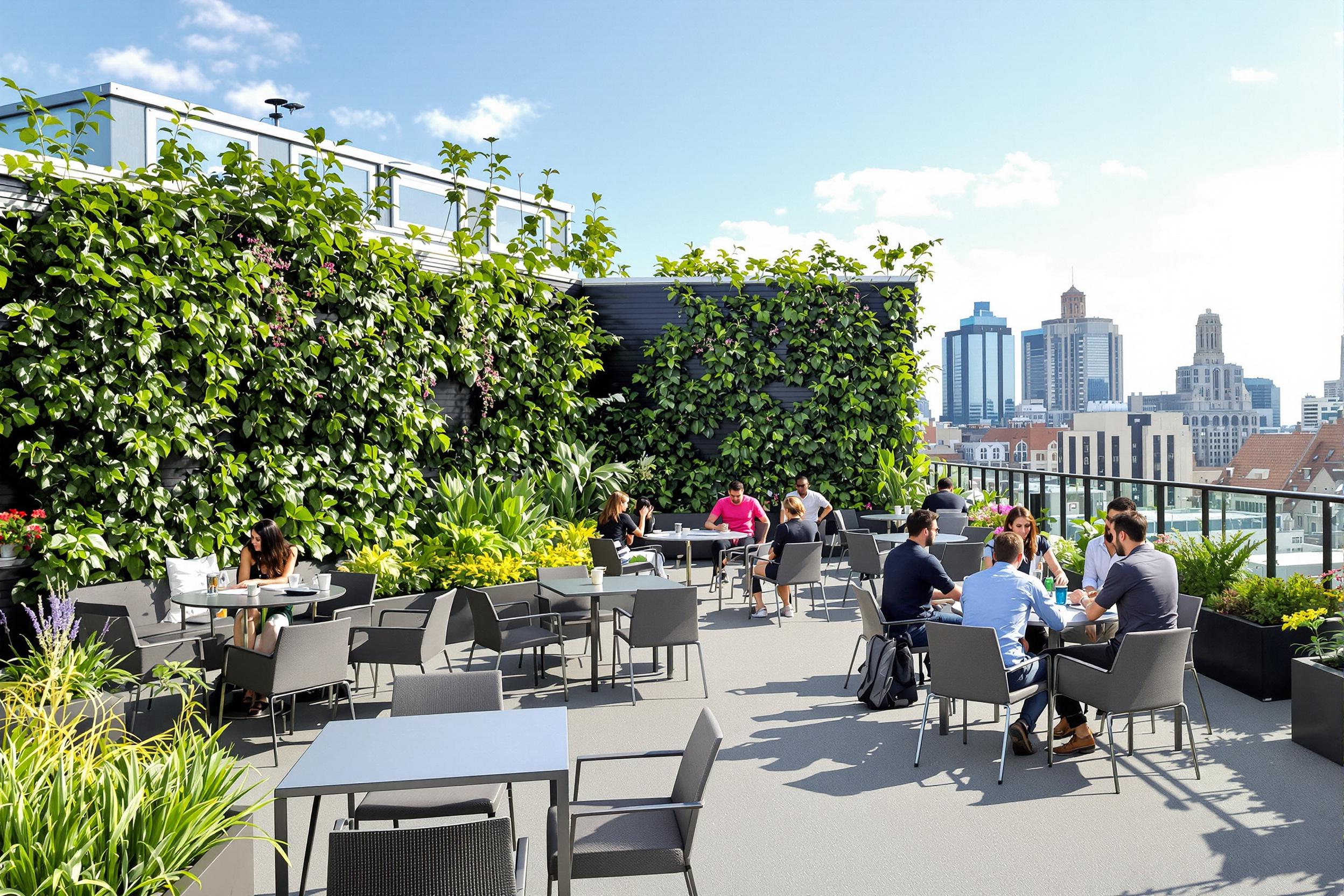 A modern rooftop garden transformed into a vibrant outdoor workspace. Professionals collaborate at sleek tables surrounded by lush greenery, planters, and vertical gardens. The urban skyline provides a stunning backdrop, showcasing sustainable business practices and work-life balance.