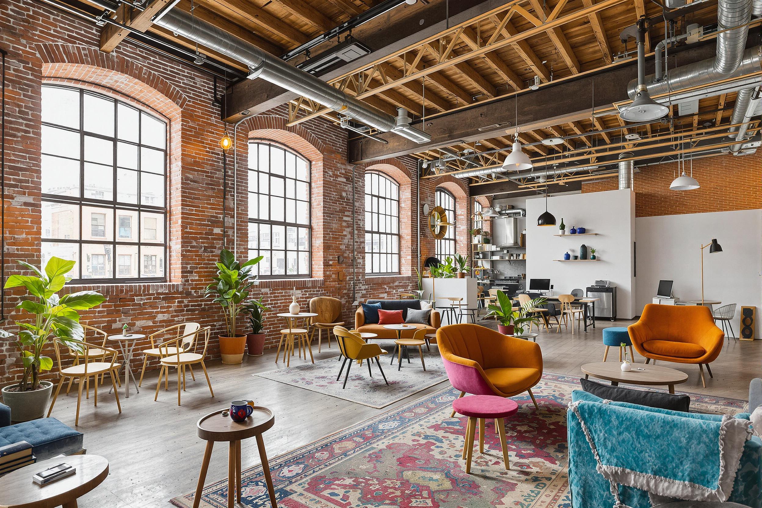 A vibrant coworking space set in a converted industrial loft, showcasing the perfect blend of historical charm and modern functionality. High ceilings with exposed beams, large factory windows, and a mix of vintage and contemporary furnishings create an inspiring environment for entrepreneurs and freelancers.