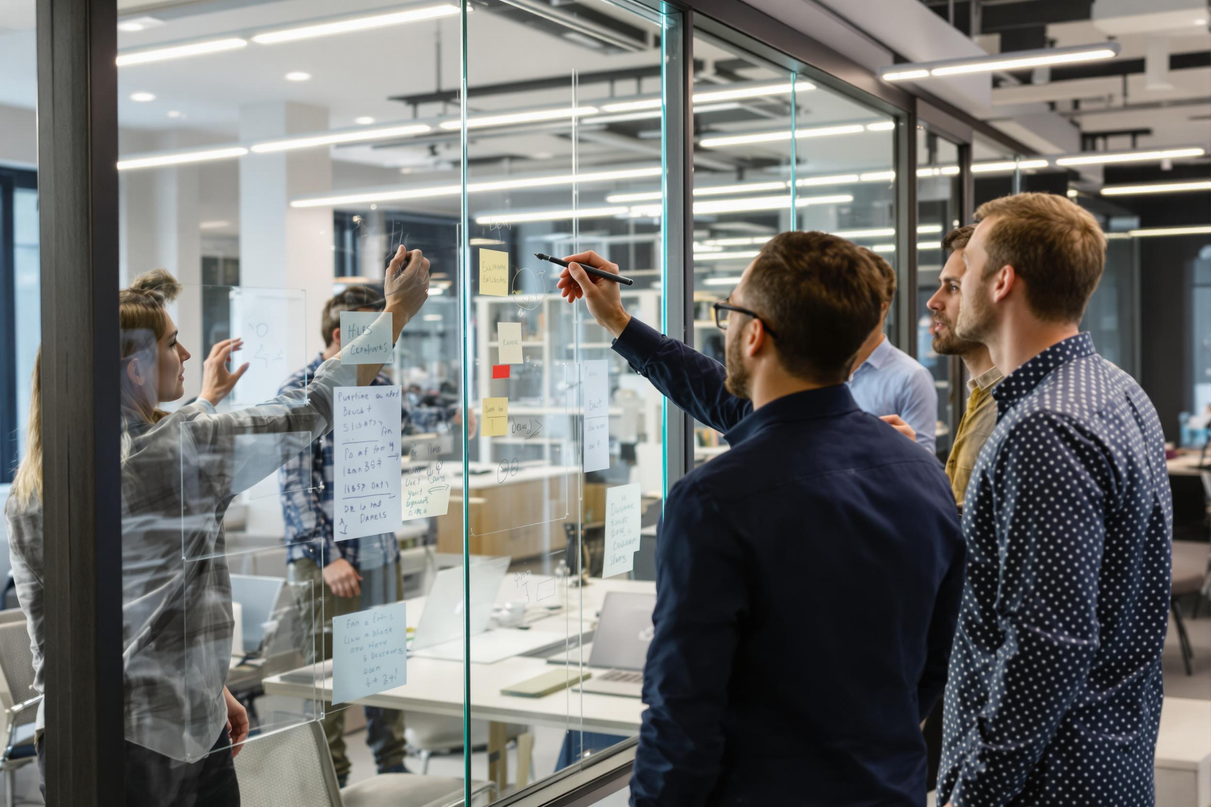 A dynamic team engages in a creative brainstorming session using transparent glass whiteboards. The modern office space features sleek design elements and ample natural light, fostering an atmosphere of innovation and collaboration.