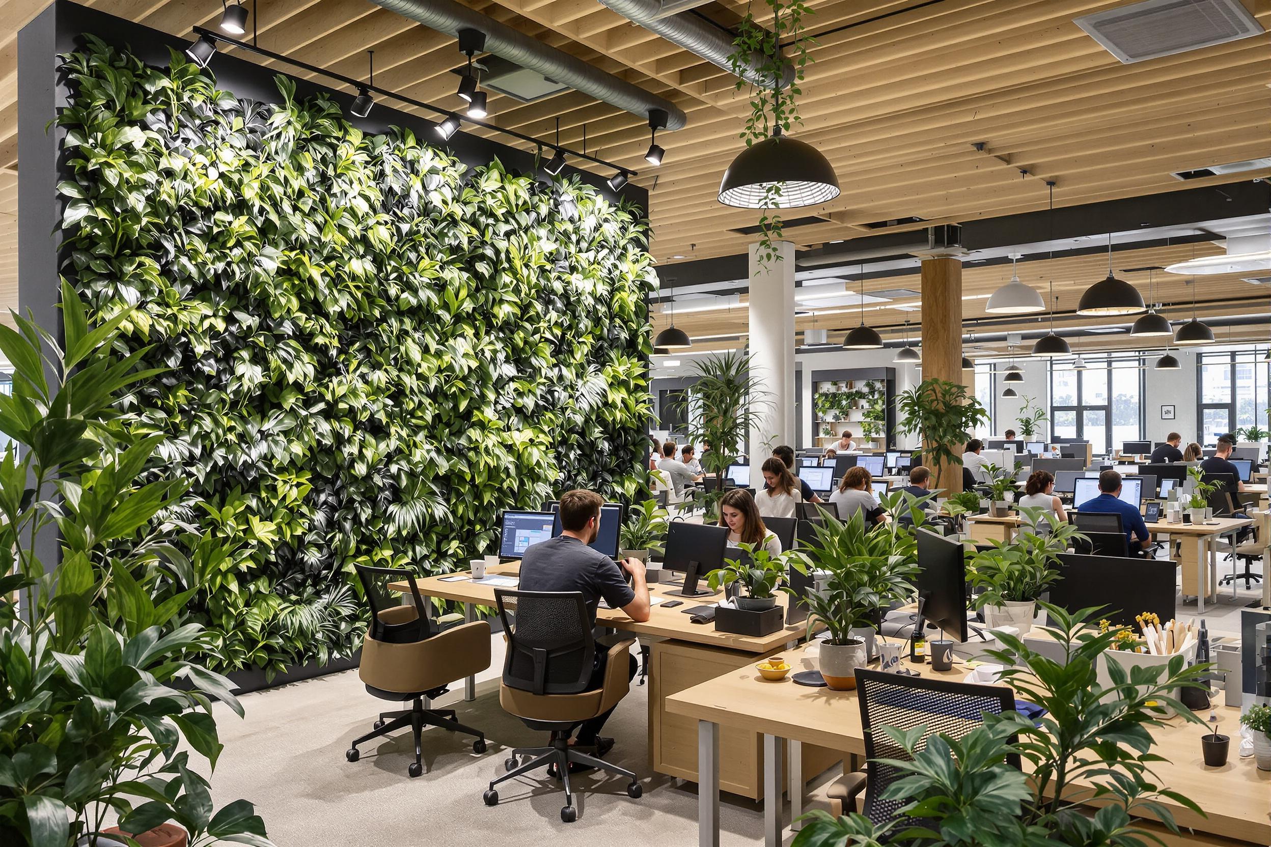 A cutting-edge office space seamlessly integrating nature with work environment. Living walls, natural wood elements, and ample natural light create a harmonious atmosphere. Employees collaborate at ergonomic workstations surrounded by lush greenery, epitomizing the future of sustainable workplace design.