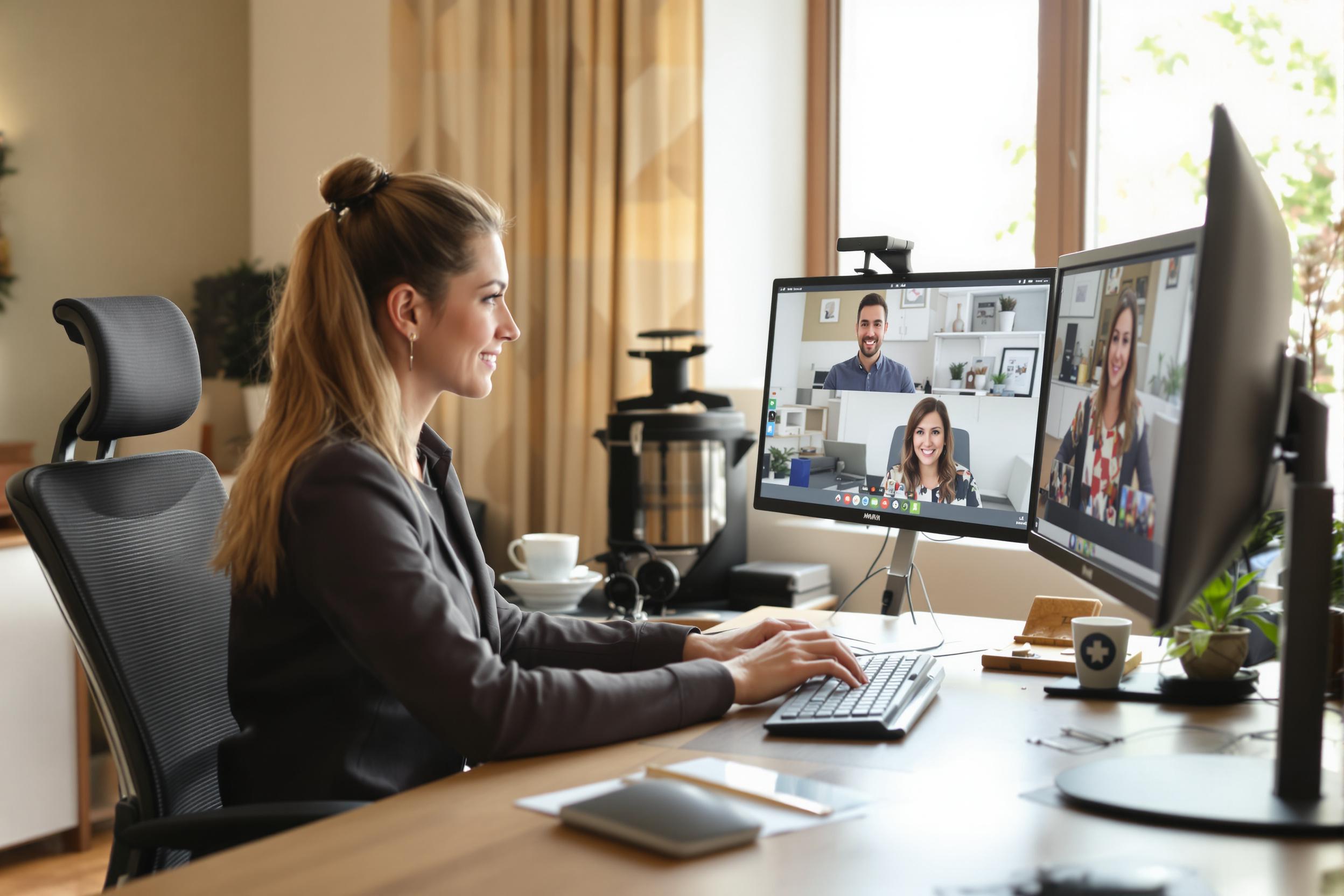 Professional woman conducts video conference from well-organized home workspace. Warm, inviting setting with ergonomic furniture and state-of-the-art technology. Natural light illuminates desk, showcasing efficient layout and personal touches.