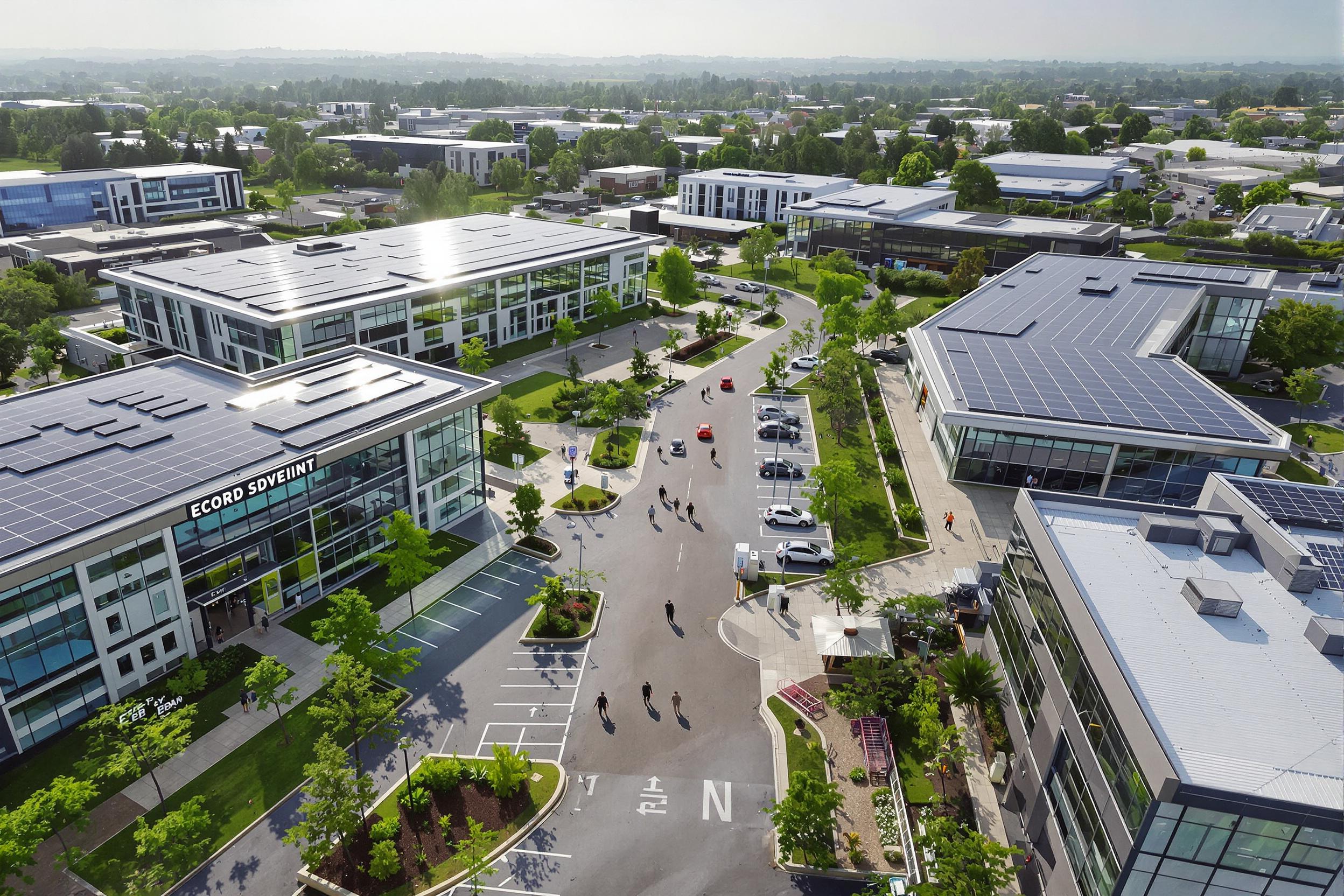 Drone shot of an innovative eco-friendly business park. Solar panels glint on rooftops, while electric vehicle charging stations dot the parking areas. Employees traverse green spaces between modern, glass-fronted buildings. A model of sustainable corporate architecture.