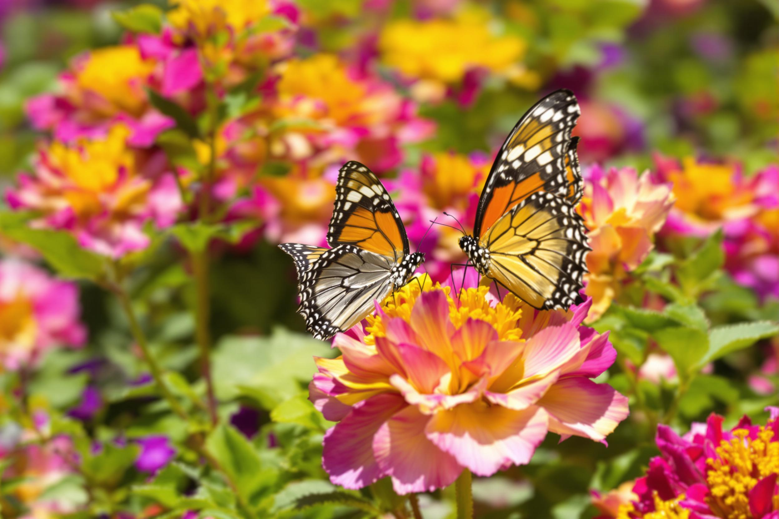 A macro view captures vibrant butterflies perched delicately on colorful blossoms in a lush summer garden. The petals display rich shades of pink, yellow, and violet, illuminated by bright midday sunlight. Each butterfly flaunts unique patterns and hues, showcasing nature's artistry. Subtle greenery softly surrounds the scene, enhancing the dazzling array of colors, inviting admiration.