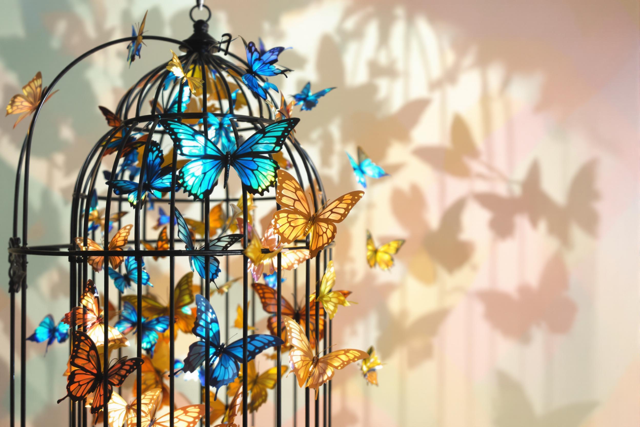 An elegant birdcage filled with intricately patterned butterflies of various colors, including iridescent blues, vibrant oranges, and soft yellows. The cage is crafted from delicate black iron, creating a striking contrast with the luminescent hues of the butterflies. The backdrop features a soft pastel gradient that enhances the ethereal qualities of the scene, while gentle light filters through, casting delicate shadows of the butterflies on the cage. This whimsical display evokes feelings of freedom and beauty in nature.