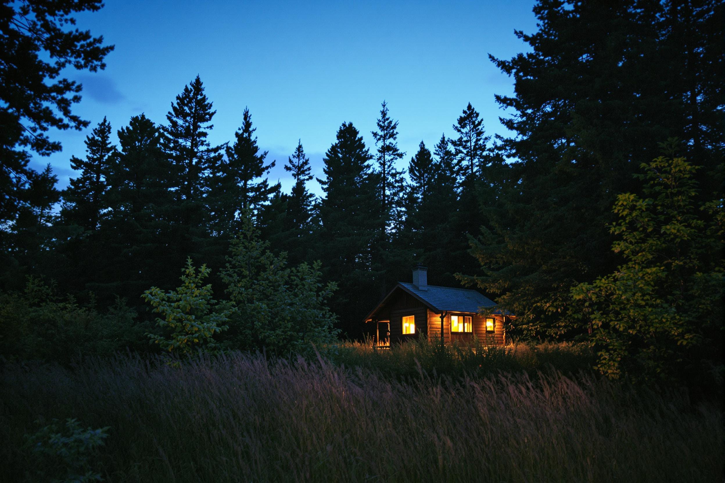 An isolated wooden cabin emerges softly amidst dense pine trees during twilight. The warm glow from the windows invites curiosity, contrasting against the cool shades of blue and green from the surrounding foliage. Tall grass sways gently in the foreground, while the silhouettes of tall trees frame the scene, creating an atmosphere of peace and solitude.