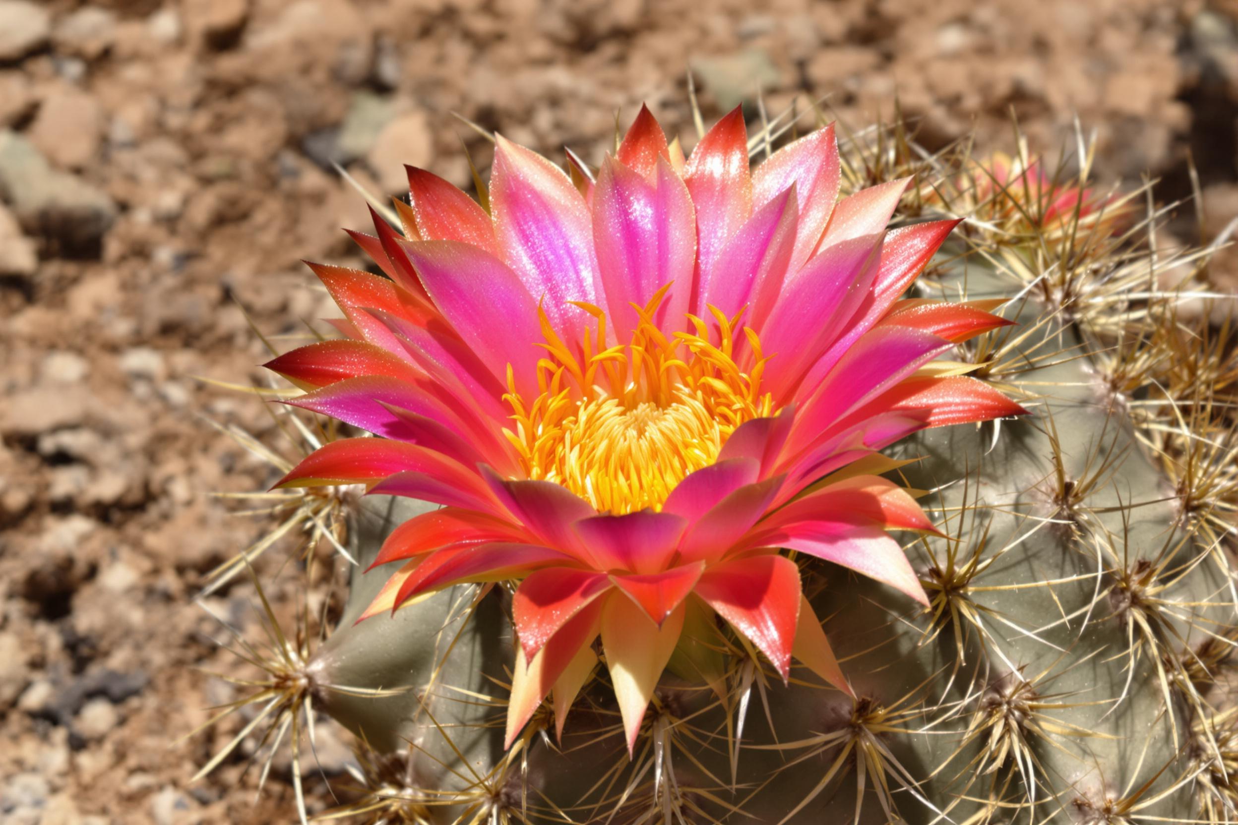 A close-up captures a vibrant cactus flower in full bloom against an arid desert backdrop. The intricate petal structure showcases a radiant blend of magenta, orange, and yellow hues glistening under bright sunlight. Surrounding spines and rugged textures of the gray-green cactus body provide striking contrast to the delicate blossom, emphasizing unique desert beauty.