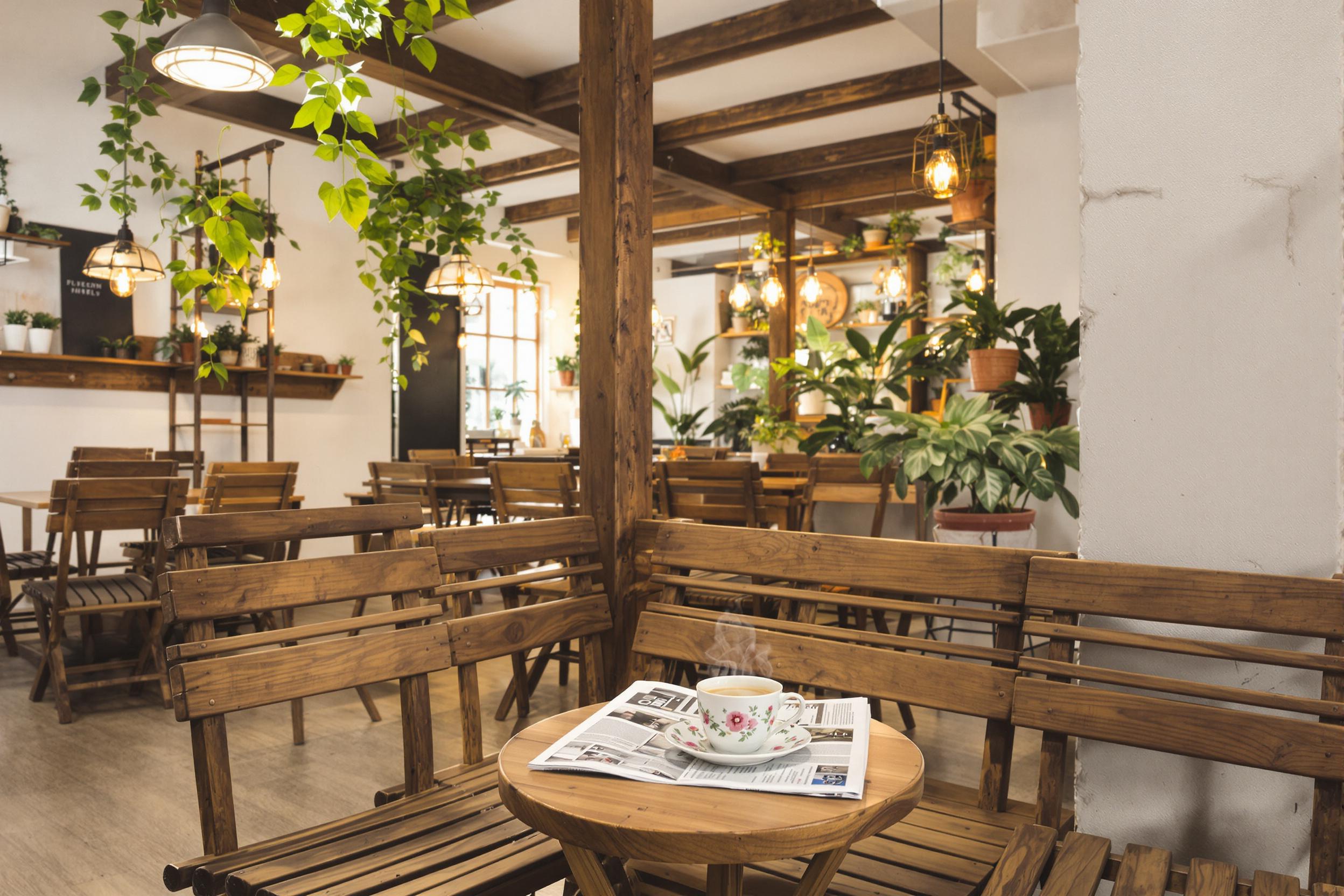 An inviting café corner unfolds with rustic wooden furniture and eclectic decor. A small round table holds a delicate porcelain cup filled with steaming coffee, while a folded newspaper lies casually beside it. Vintage light fixtures hang from the exposed beams overhead, casting a warm glow across an arrangement of potted plants on a shelf nearby. The ambiance suggests a perfect space for quiet reflection or lively conversation.