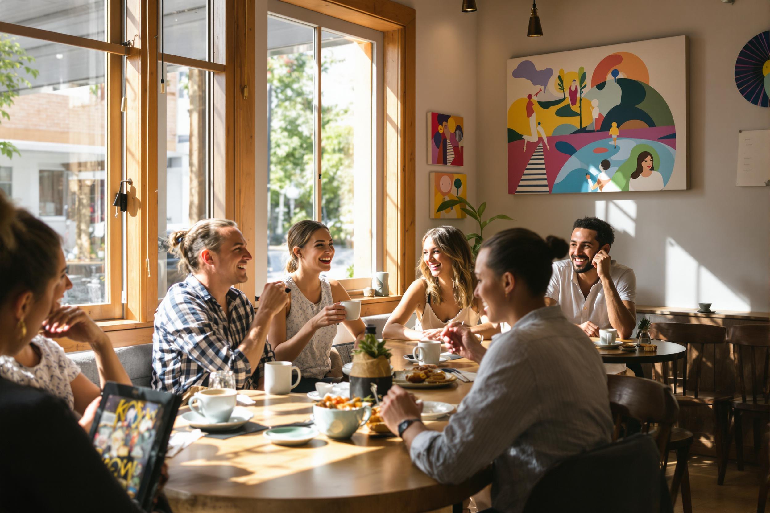 In a cozy café, a group of friends enjoys mid-morning refreshments. Sunlight streams through large windows, illuminating their animated conversations. Wooden tables hold artisan coffee cups and pastries, while colorful artwork decorates the walls. Natural wood accents create a warm ambiance, enhancing the sociable setting filled with laughter and joy.