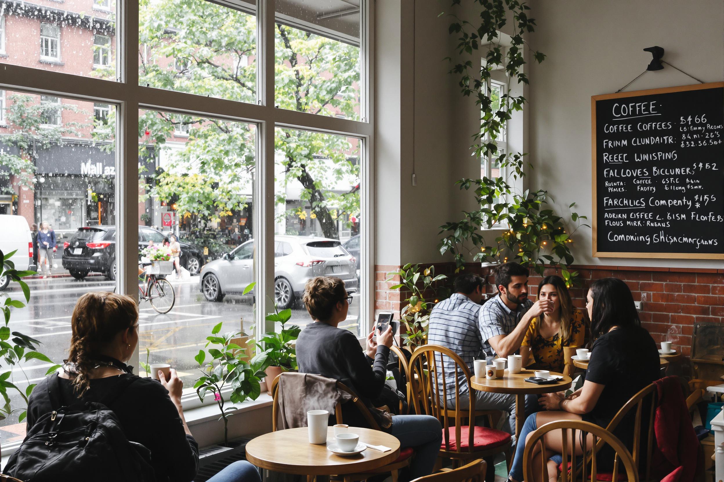 A cozy cafe interior features large windows revealing rain-soaked streets outside. Patrons sit at small tables, sipping steaming cups of coffee. Soft natural light filters through, creating a warm ambiance complemented by wooden furniture and green plants. A chalkboard menu hangs on the wall, showcasing various beverage options.